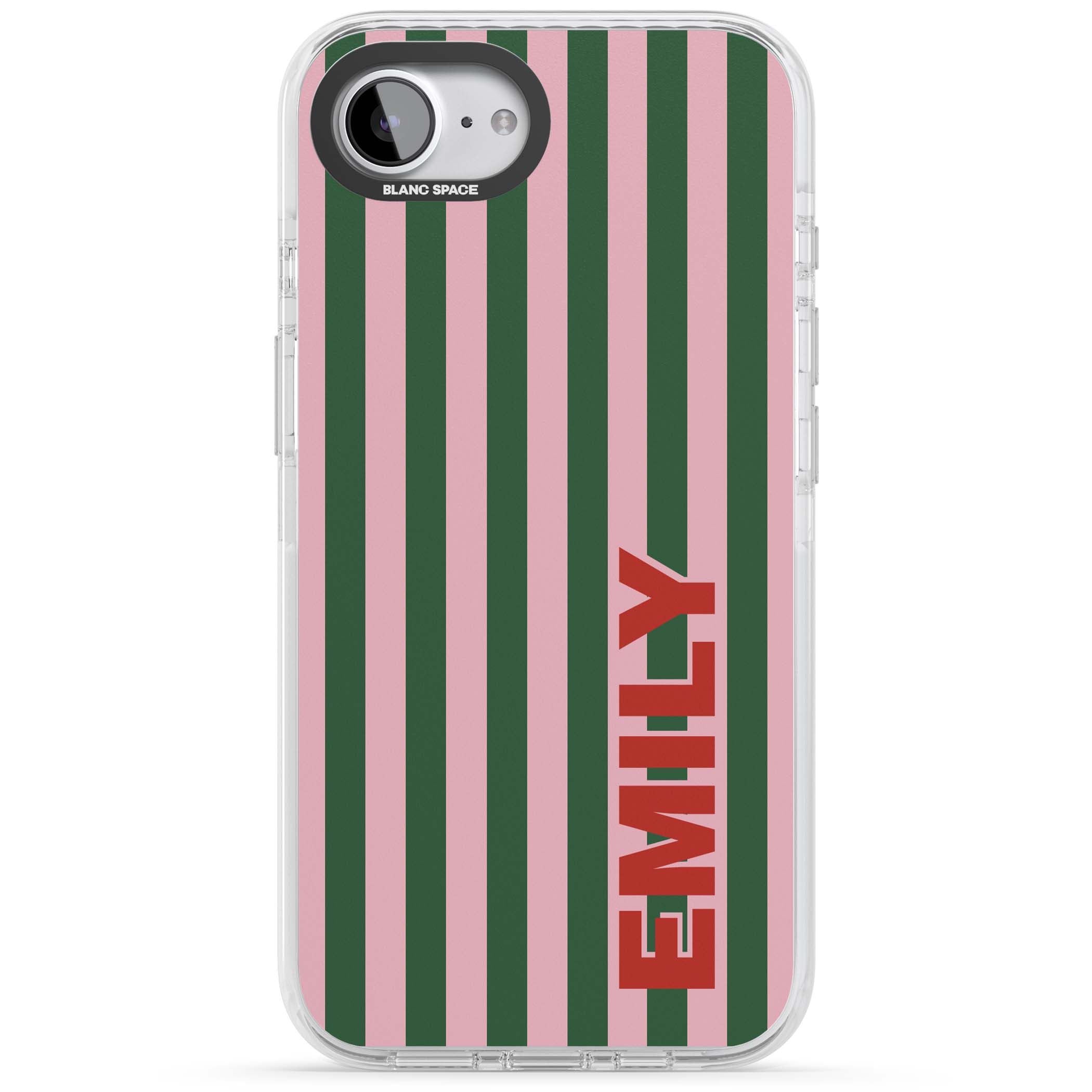Italian Stripe preppy iPhone case featuring pink and green vertical stripes with personalised red name | Clear Impact case for iPhone 16e, iPhone 17e