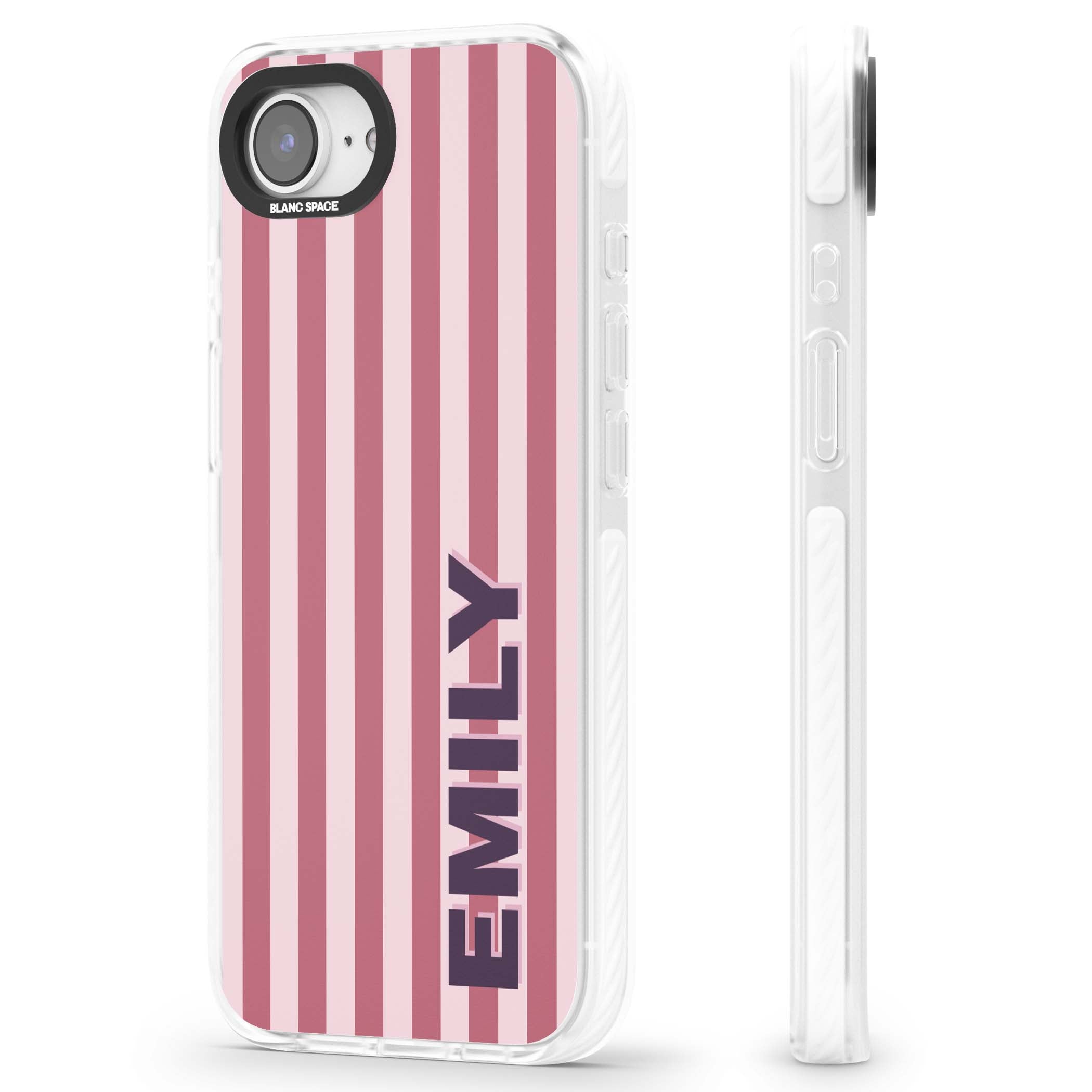 Victoria Stripe personalised iPhone case featuring pink vertical stripes and custom name in bold plum lettering | Clear Impact case for iPhone 16e, iPhone 17e