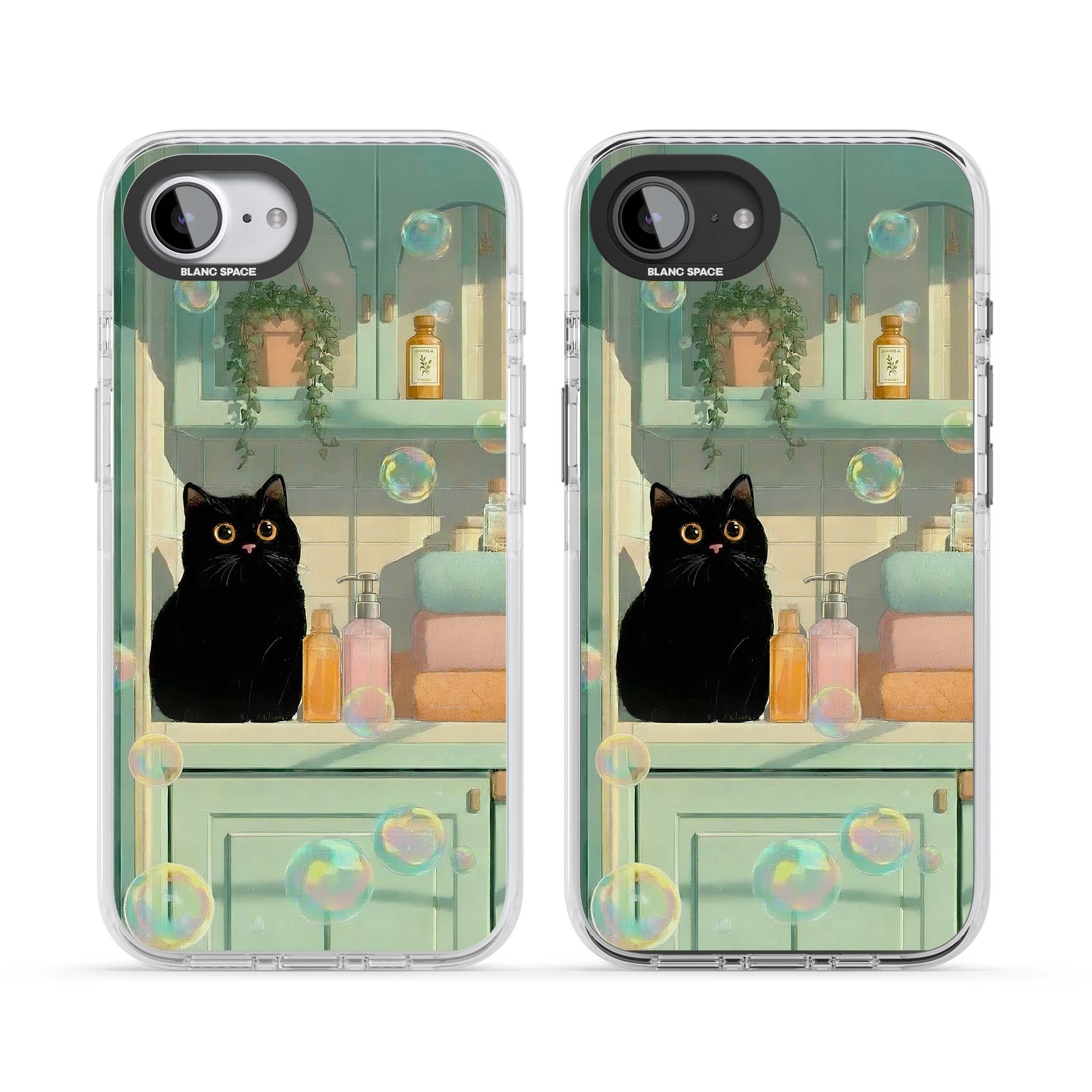 Bathroom Bubble Kitty cottagecore iPhone case featuring a black cat, mint bathroom scene and floating soap bubbles | Clear Impact case for iPhone 16e, iPhone 17e