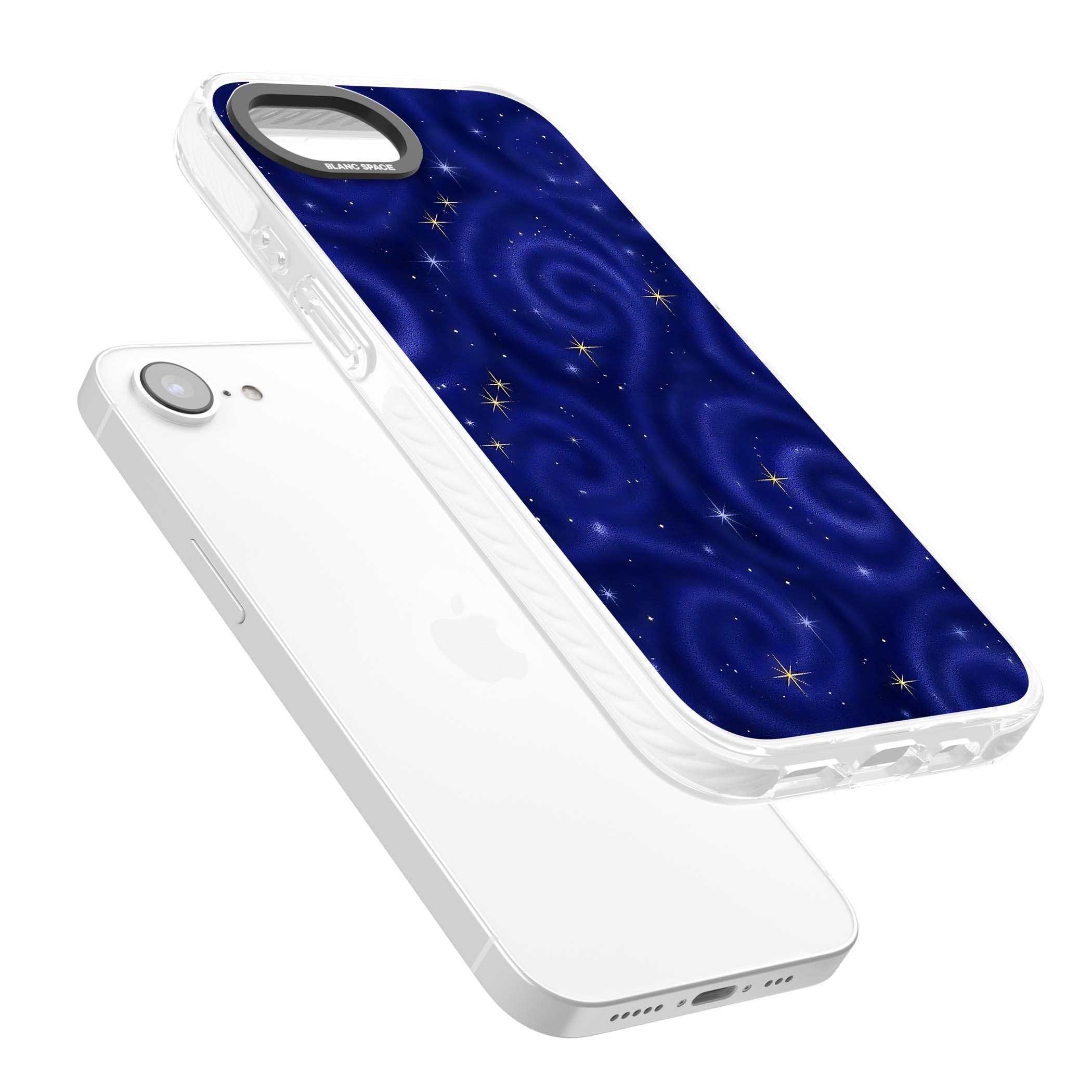Indigo Cosmos celestial iPhone case featuring swirling navy night sky and sparkling golden stars | Clear Impact case for iPhone 16e, iPhone 17e