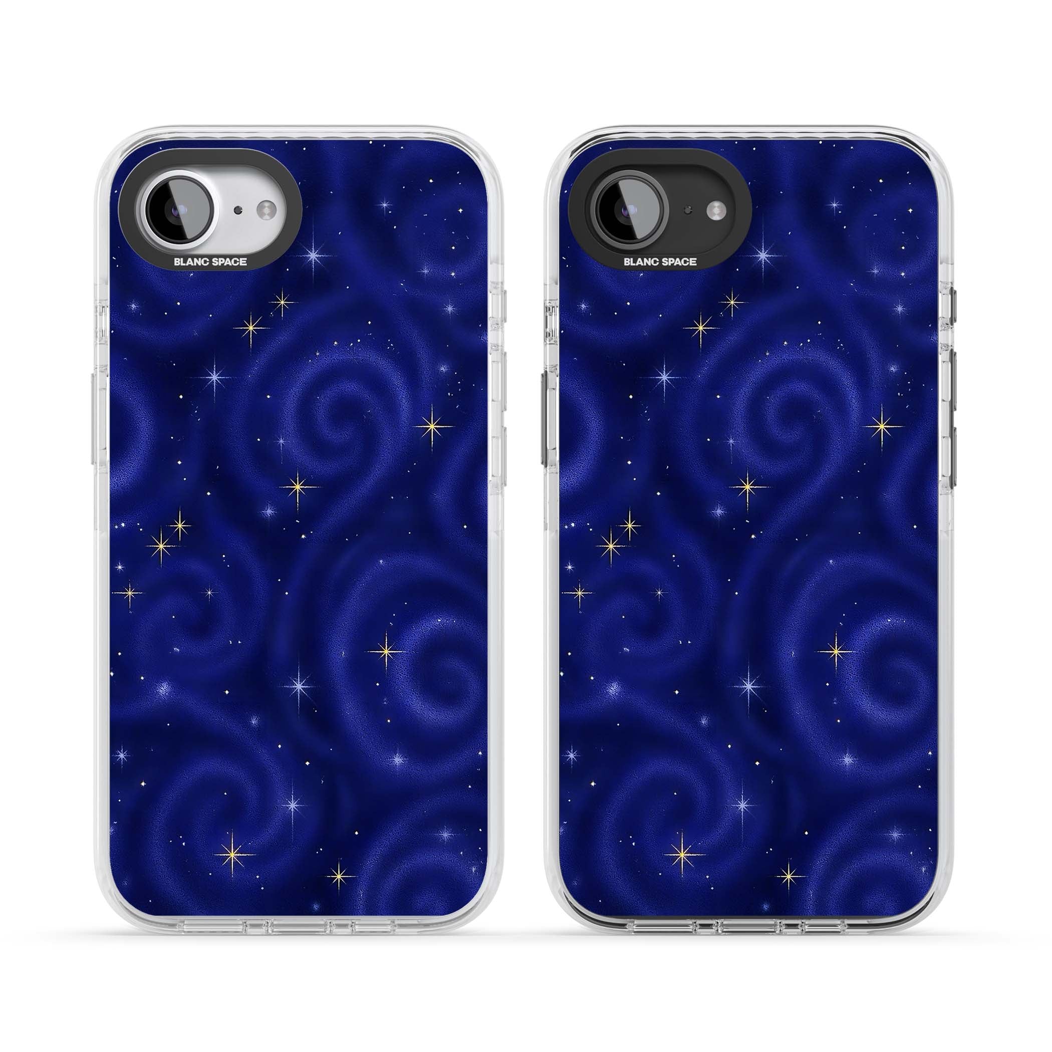 Indigo Cosmos celestial iPhone case featuring swirling navy night sky and sparkling golden stars | Clear Impact case for iPhone 16e, iPhone 17e