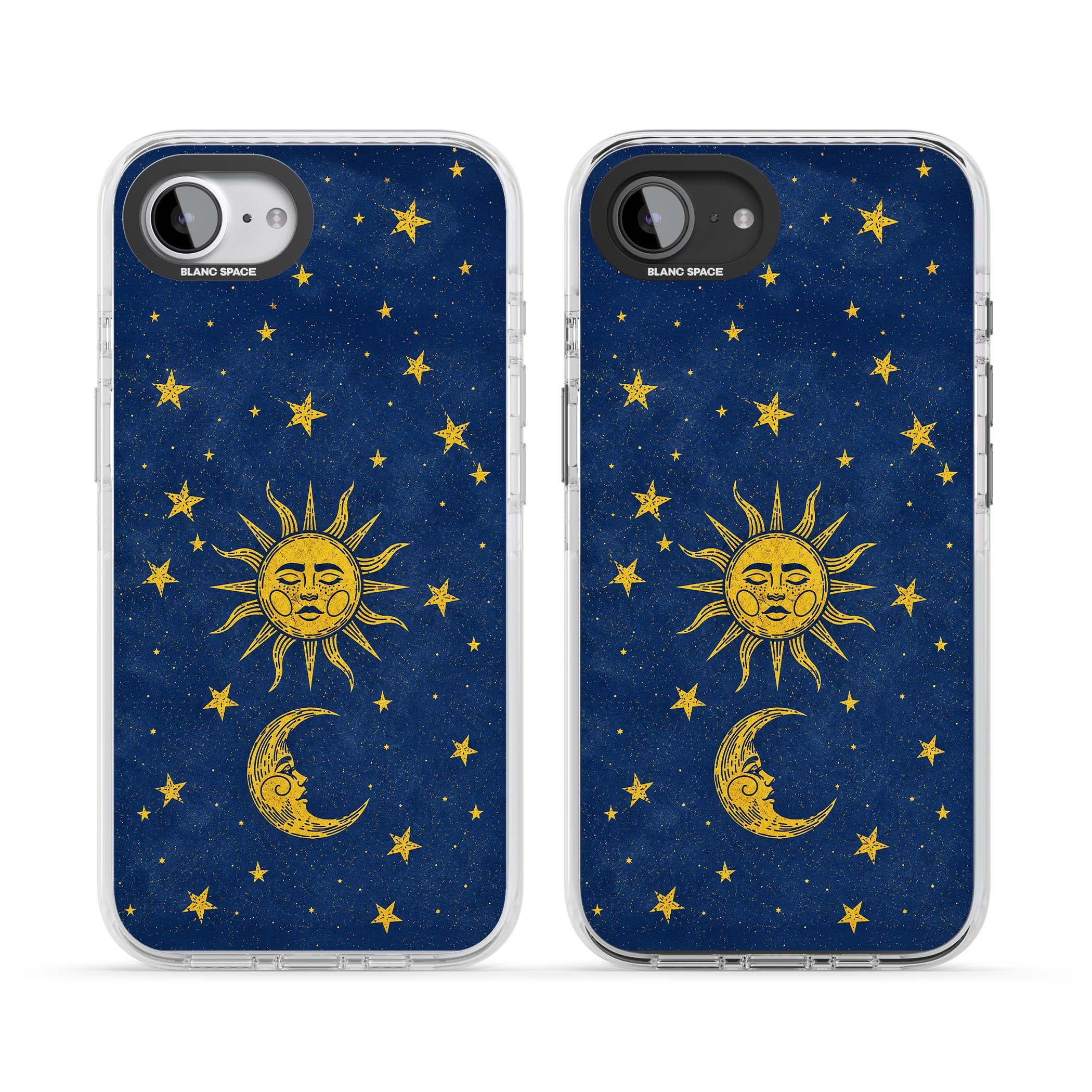 Sun & Moon Reverie celestial iPhone case featuring a vintage golden sun, crescent moon and scattered stars on midnight blue | Clear Impact case for iPhone 16e, iPhone 17e