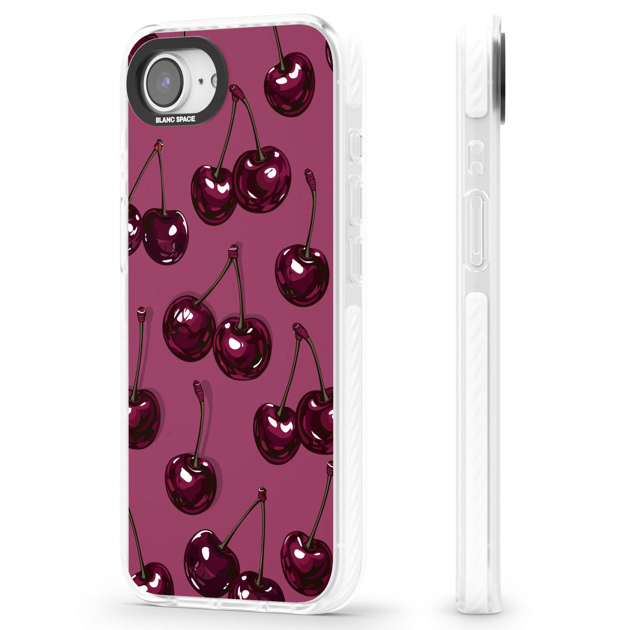Cherry Soda coquette iPhone case featuring glossy burgundy cherries on a dusty pink background | Clear Impact case for iPhone 16e, iPhone 17e