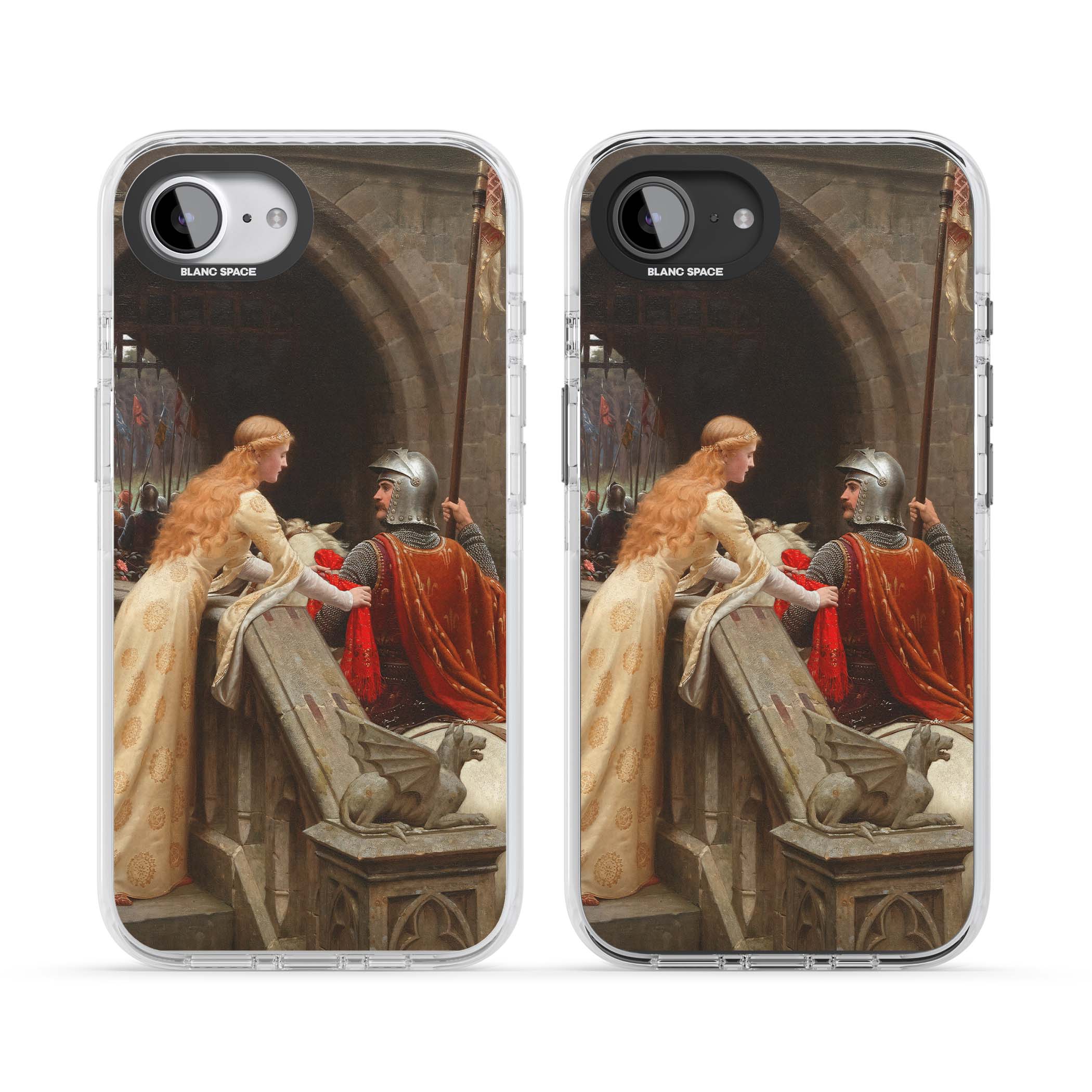 God Speed fine art iPhone case featuring Edmund Blair Leighton's medieval knight and lady beneath a stone archway | Clear Impact case for iPhone 16e, iPhone 17e