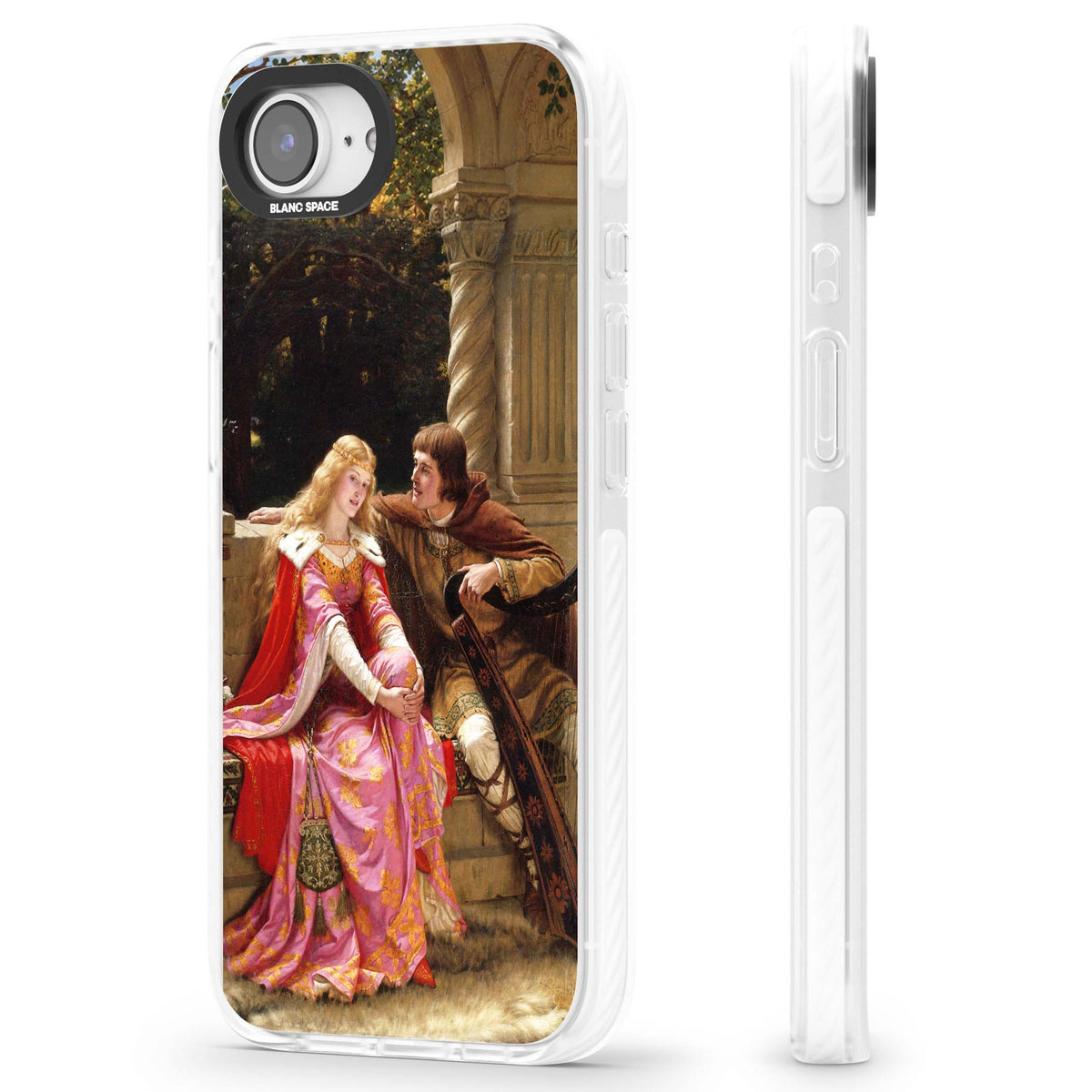 The End of the Song classic art iPhone case featuring a medieval lady in pink gown and her knight in a stone archway | Clear Impact case for iPhone 16e, iPhone 17e