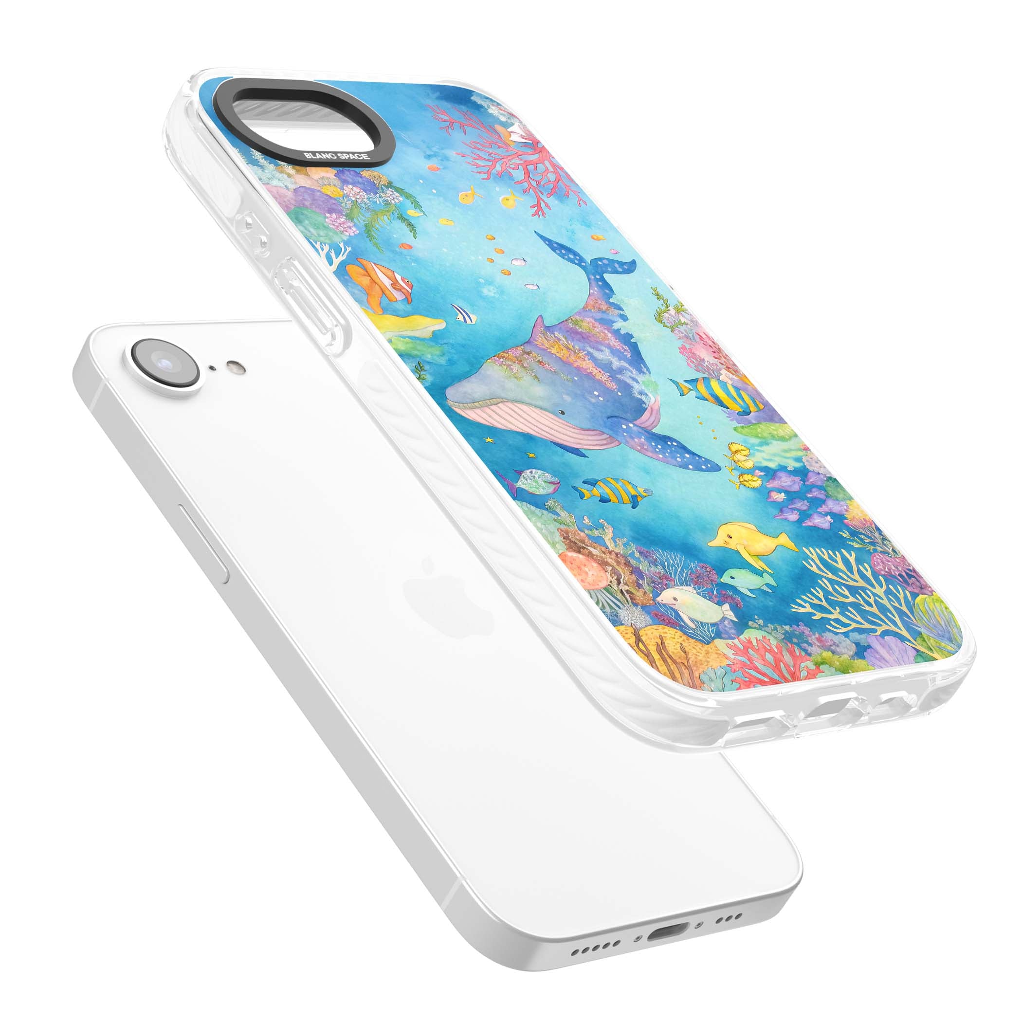 Coral Lagoon ocean iPhone case featuring a watercolour whale, coral reef and tropical fish | Clear Impact case for iPhone 16e, iPhone 17e