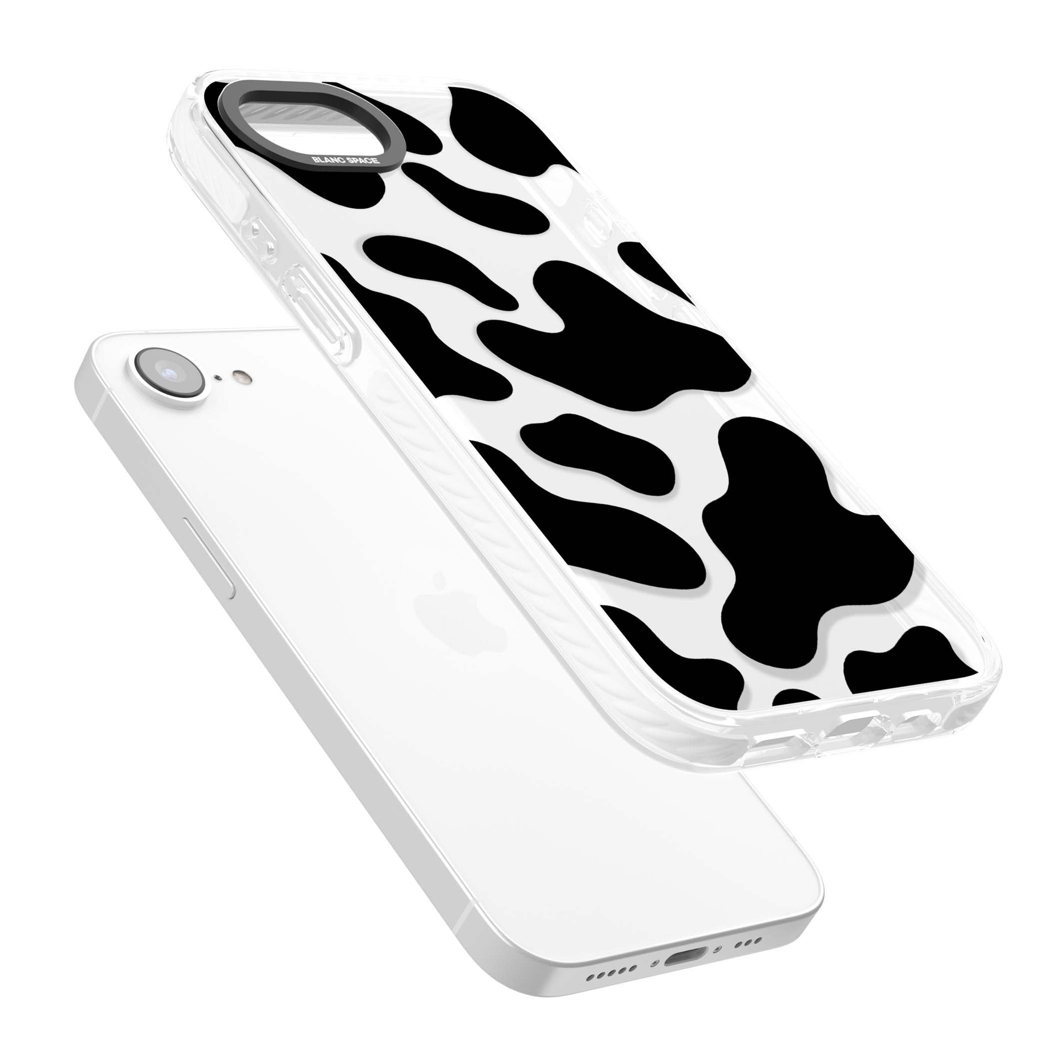 Clear Cow Print cow print iPhone case featuring black and white cow pattern splotches on a clear background | Clear Impact case for iPhone 16e, iPhone 17e