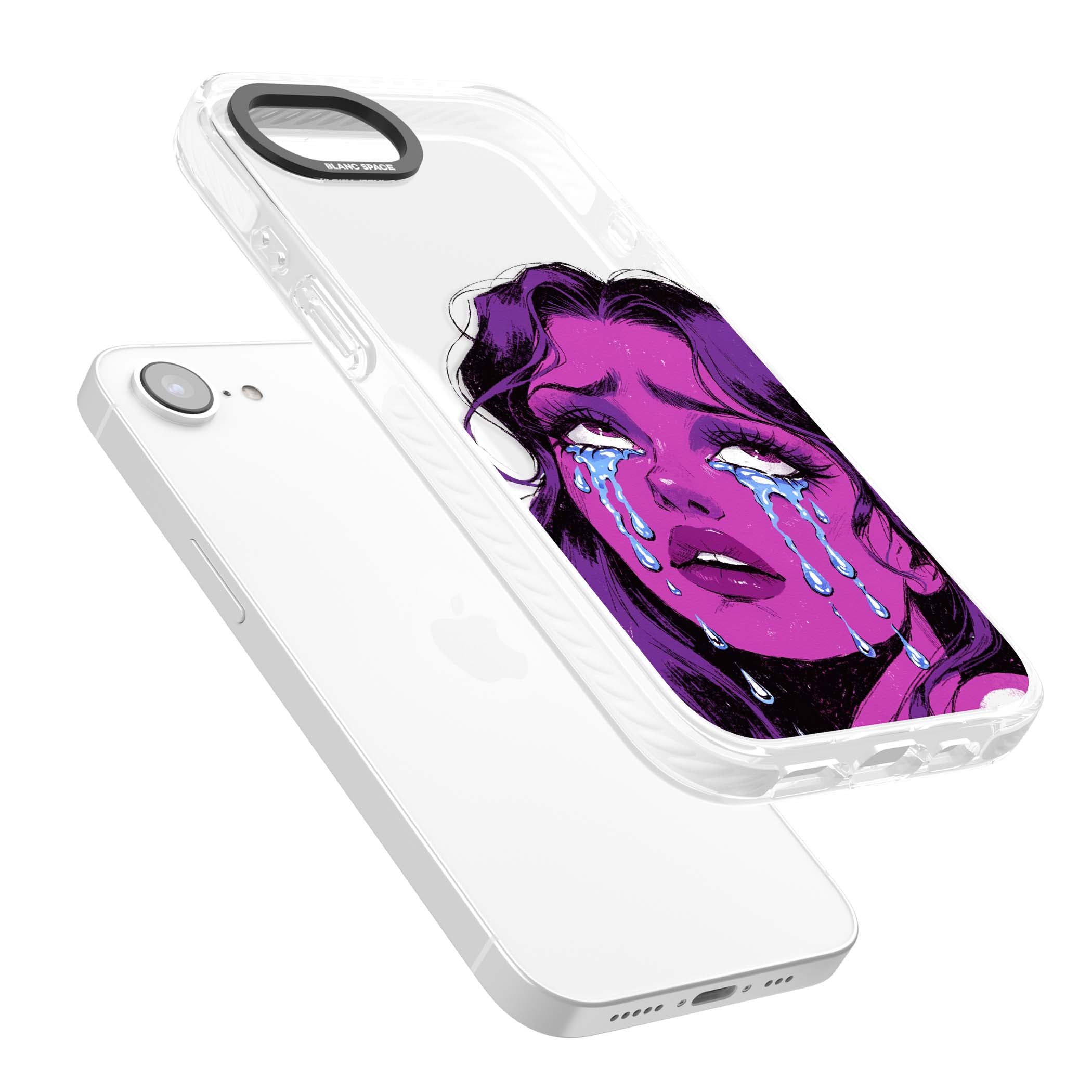 Drama Queen pop art iPhone case featuring a purple crying comic girl with blue tears | Clear Impact case for iPhone 16e, iPhone 17e
