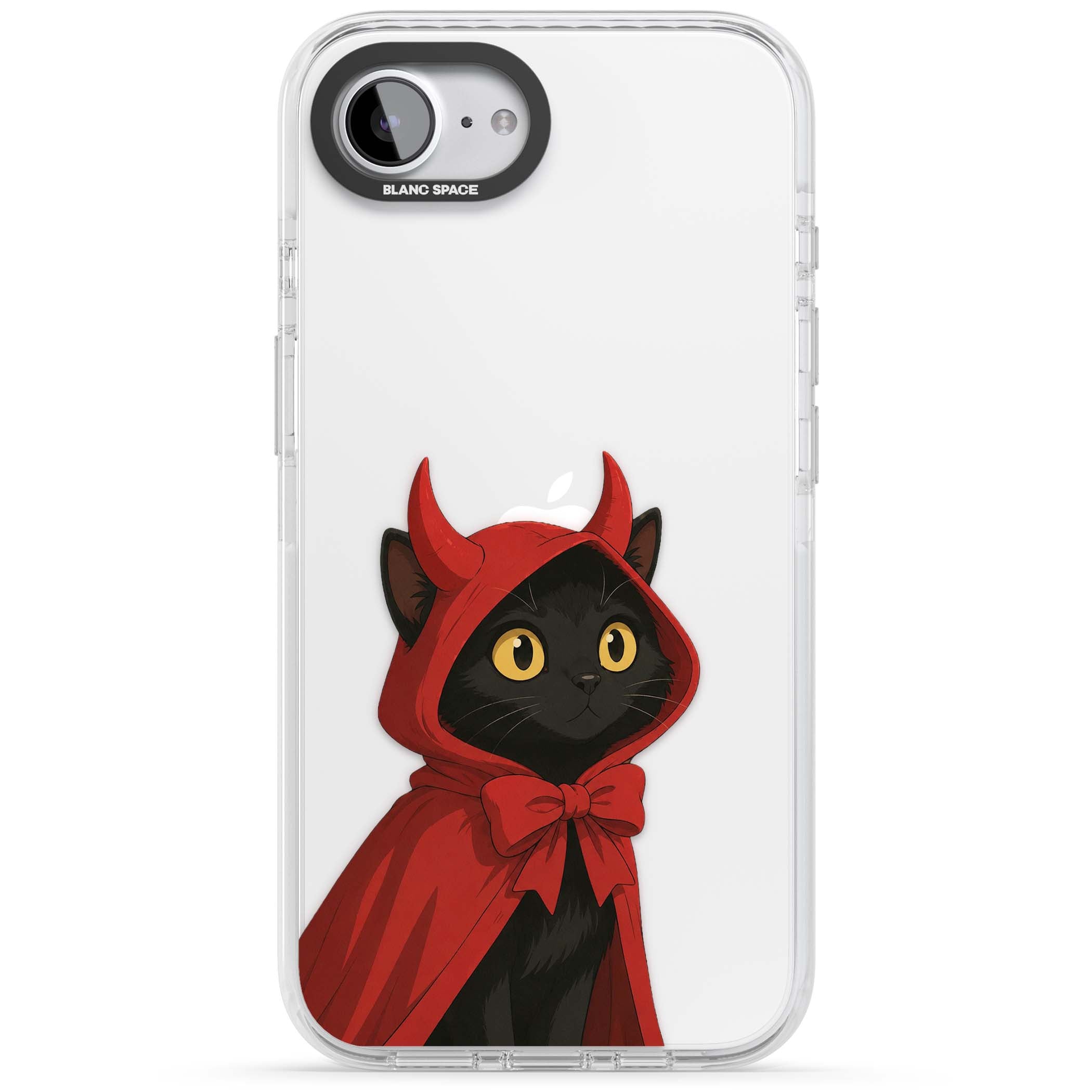 Little Devil halloween iPhone case featuring a black cat in a red hooded devil cloak with horns and golden eyes | Clear Impact case for iPhone 16e, iPhone 17e