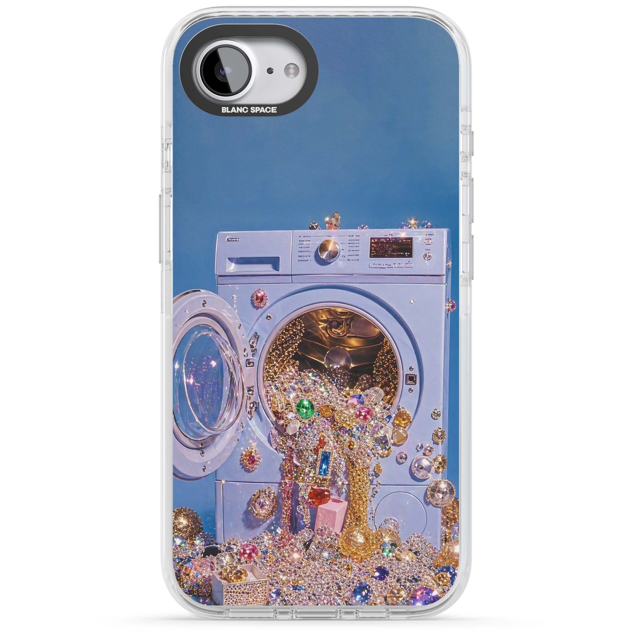Gem Laundry baddie iPhone case featuring a surreal washing machine overflowing with colourful gemstones and crystals | Clear Impact case for iPhone 16e, iPhone 17e