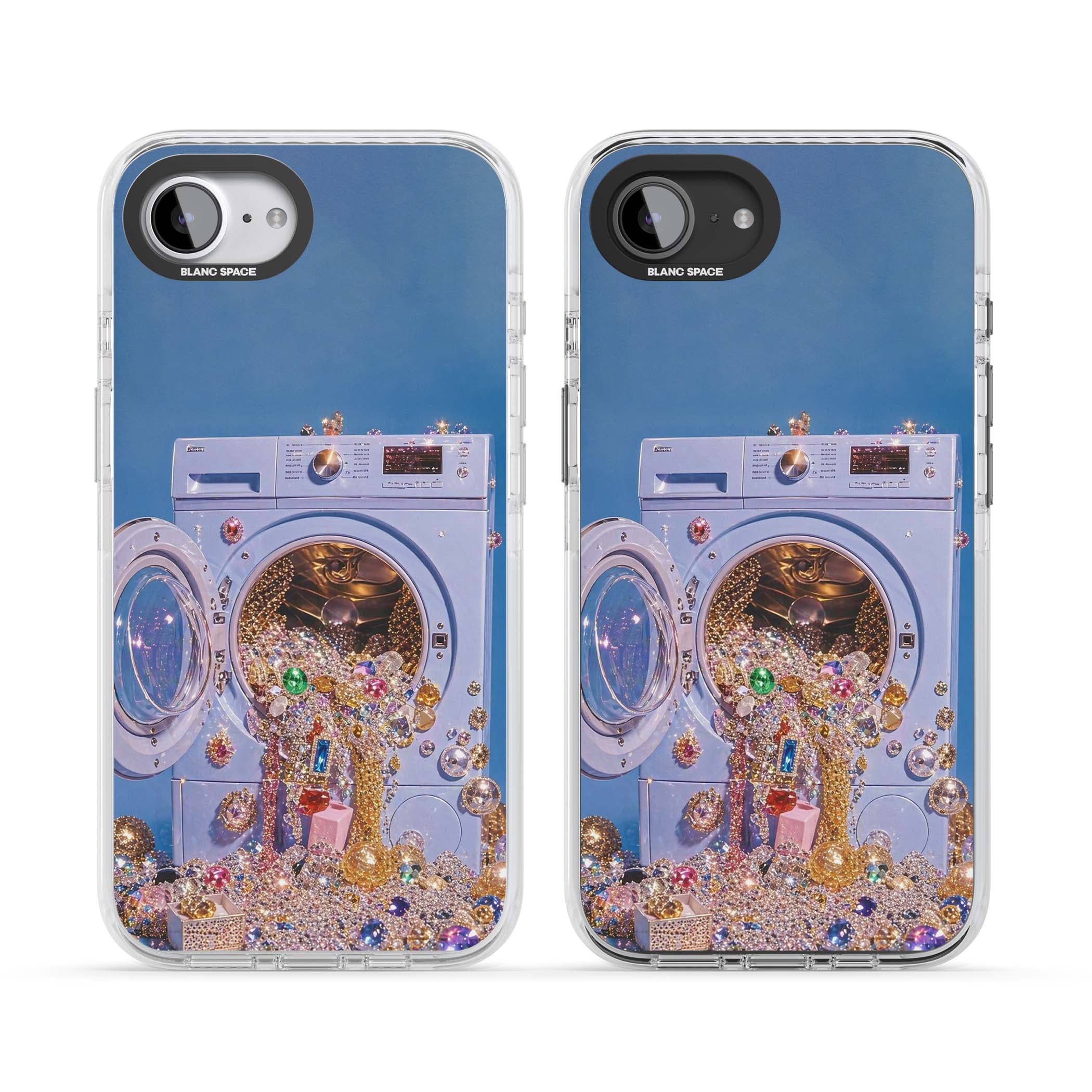 Gem Laundry baddie iPhone case featuring a surreal washing machine overflowing with colourful gemstones and crystals | Clear Impact case for iPhone 16e, iPhone 17e