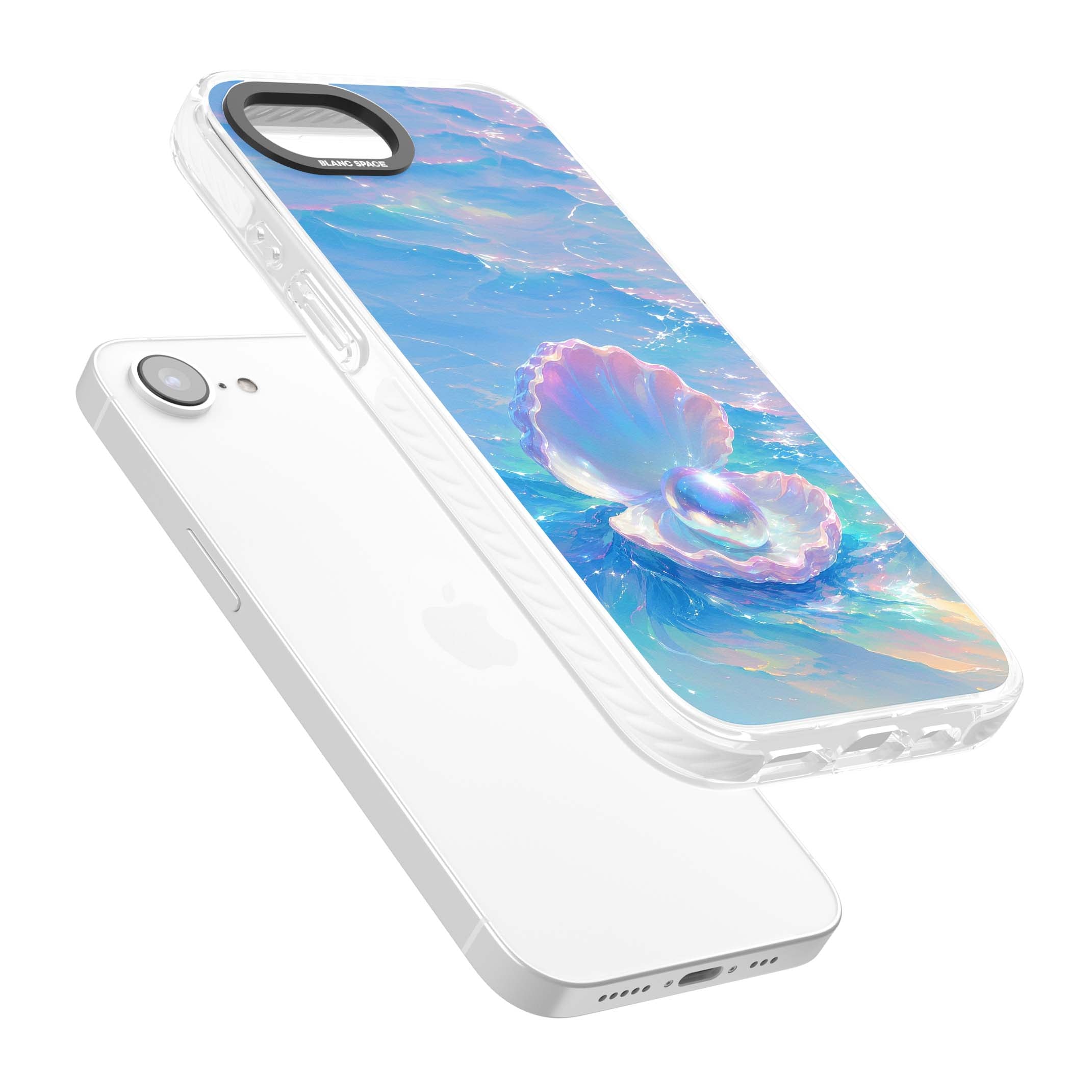 The Pearl Clam mermaidcore iPhone case featuring iridescent seashell, glowing pearl and pastel ocean waves | Clear Impact case for iPhone 16e, iPhone 17e