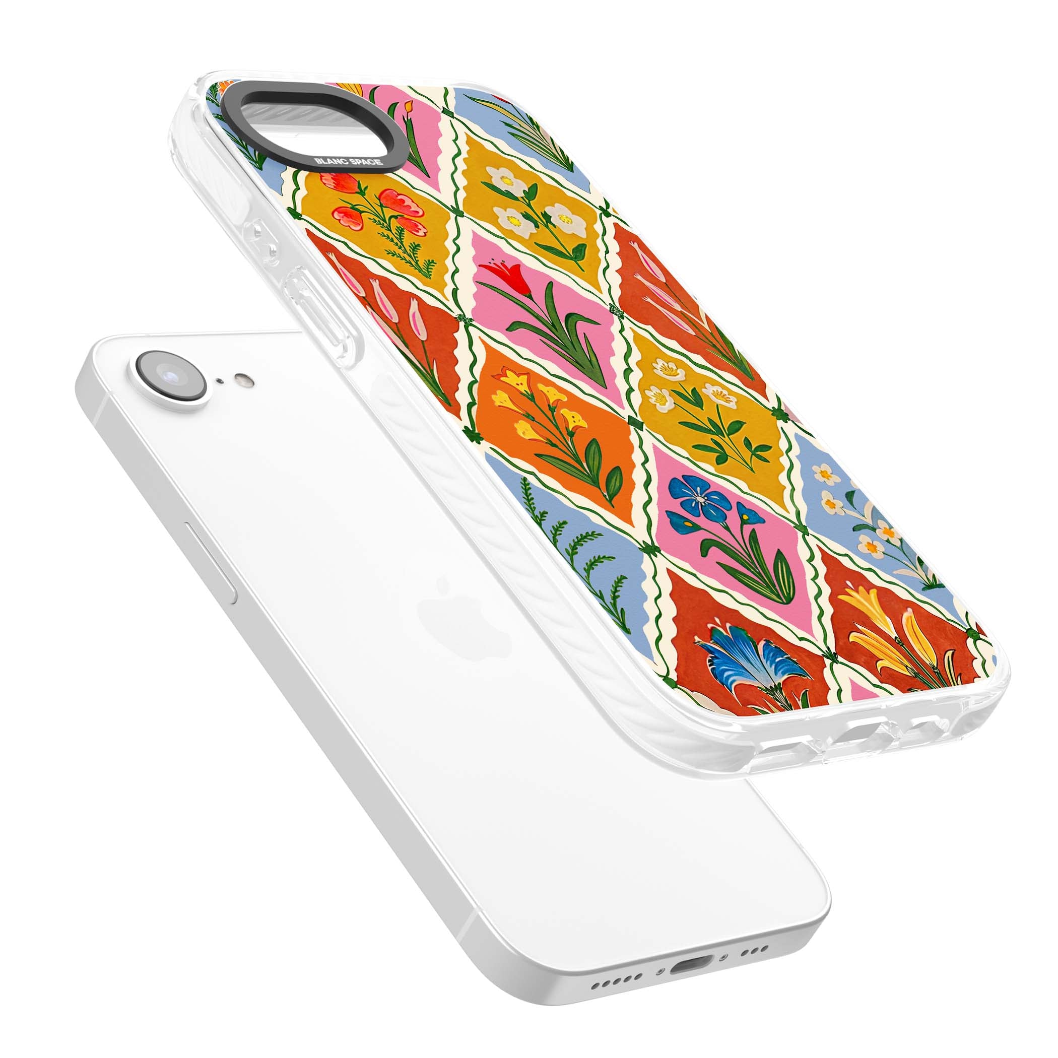 Floral Quilt boho floral iPhone case featuring diamond lattice pattern, hand-painted tulips and folk art wildflowers | Clear Impact case for iPhone 16e, iPhone 17e