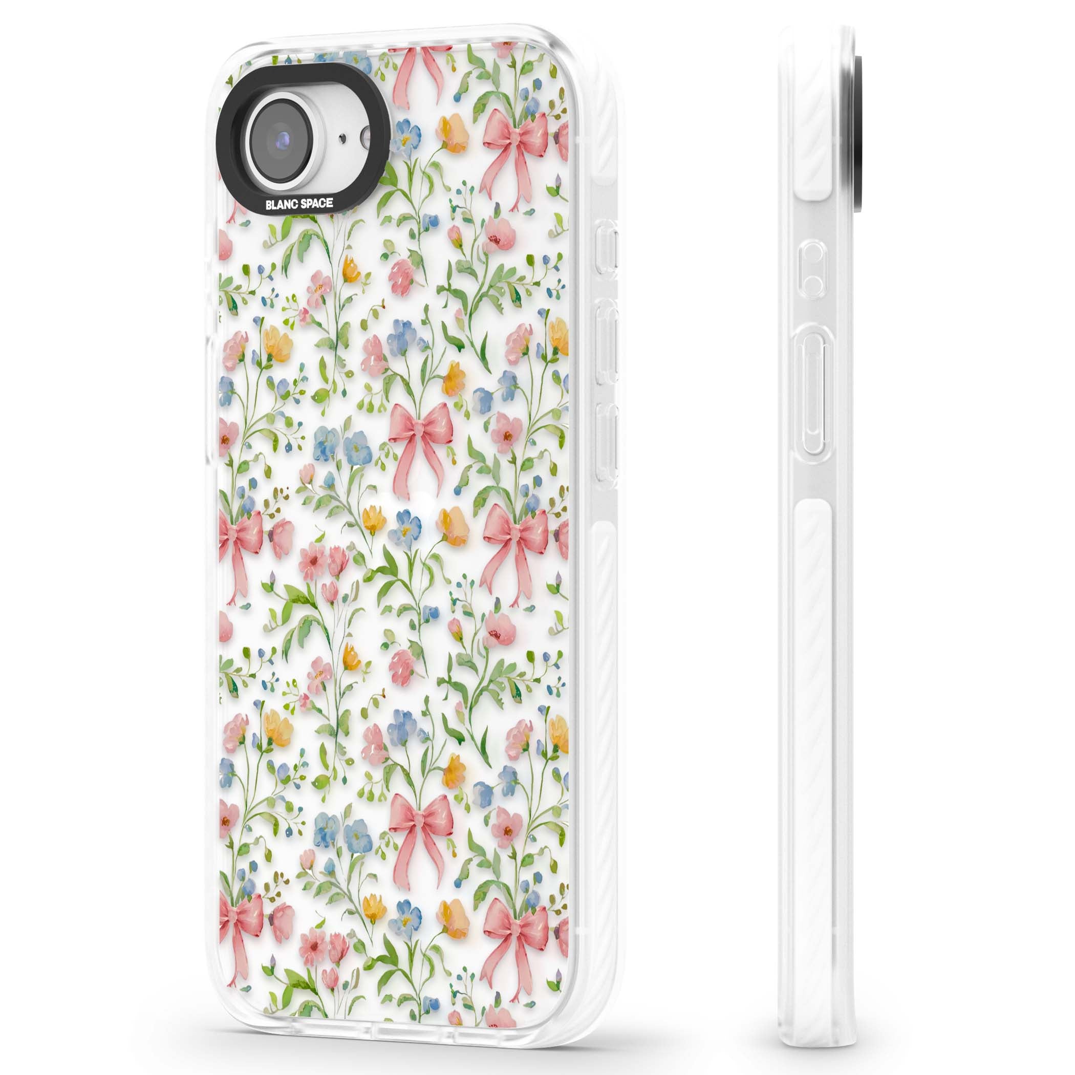 Ribbons & Wildflowers cottagecore iPhone case featuring watercolor wildflowers, pink satin bows, and delicate spring blooms o | Clear Impact case for iPhone 16e, iPhone 17e