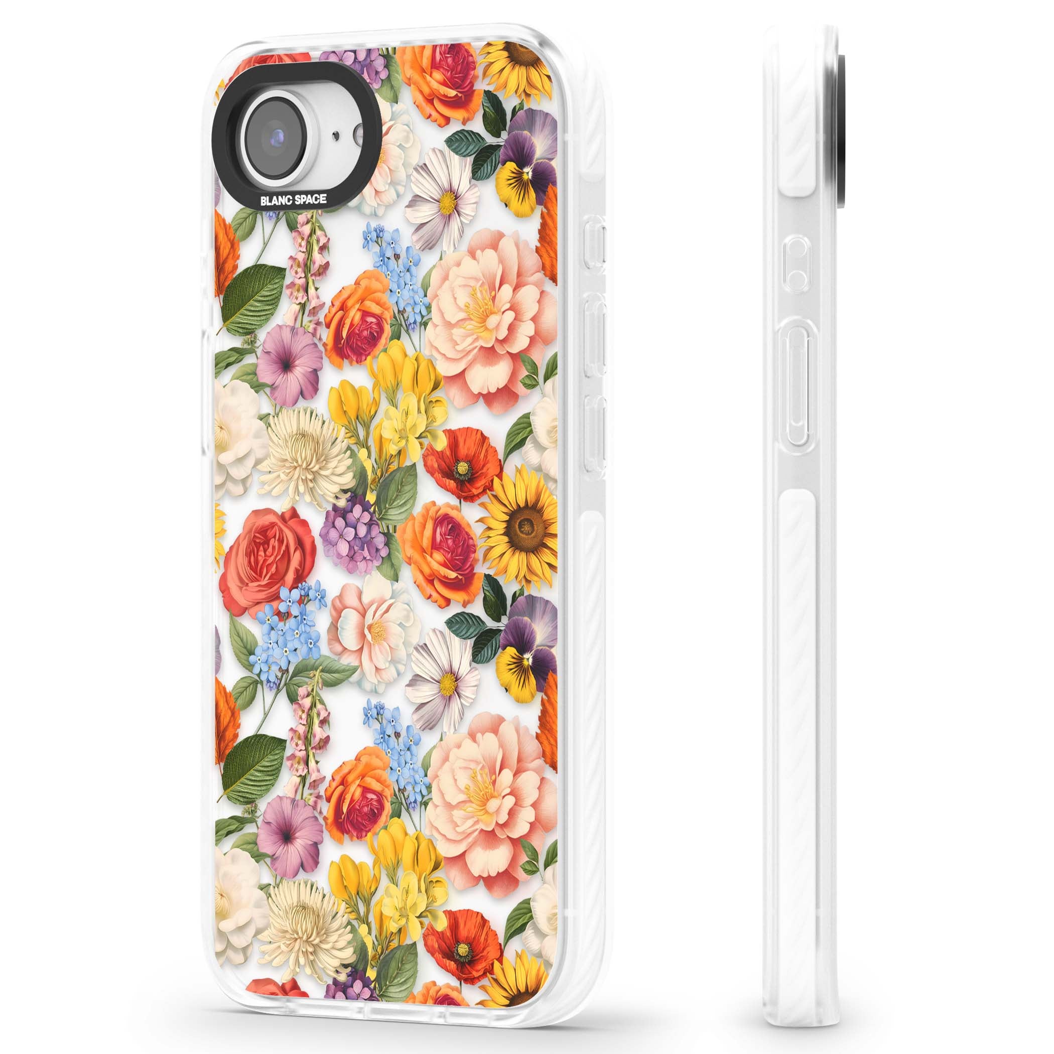 Bloom Basket floral iPhone case featuring cottage garden flowers including peonies, sunflowers, and wildflowers in pastel col | Clear Impact case for iPhone 16e, iPhone 17e