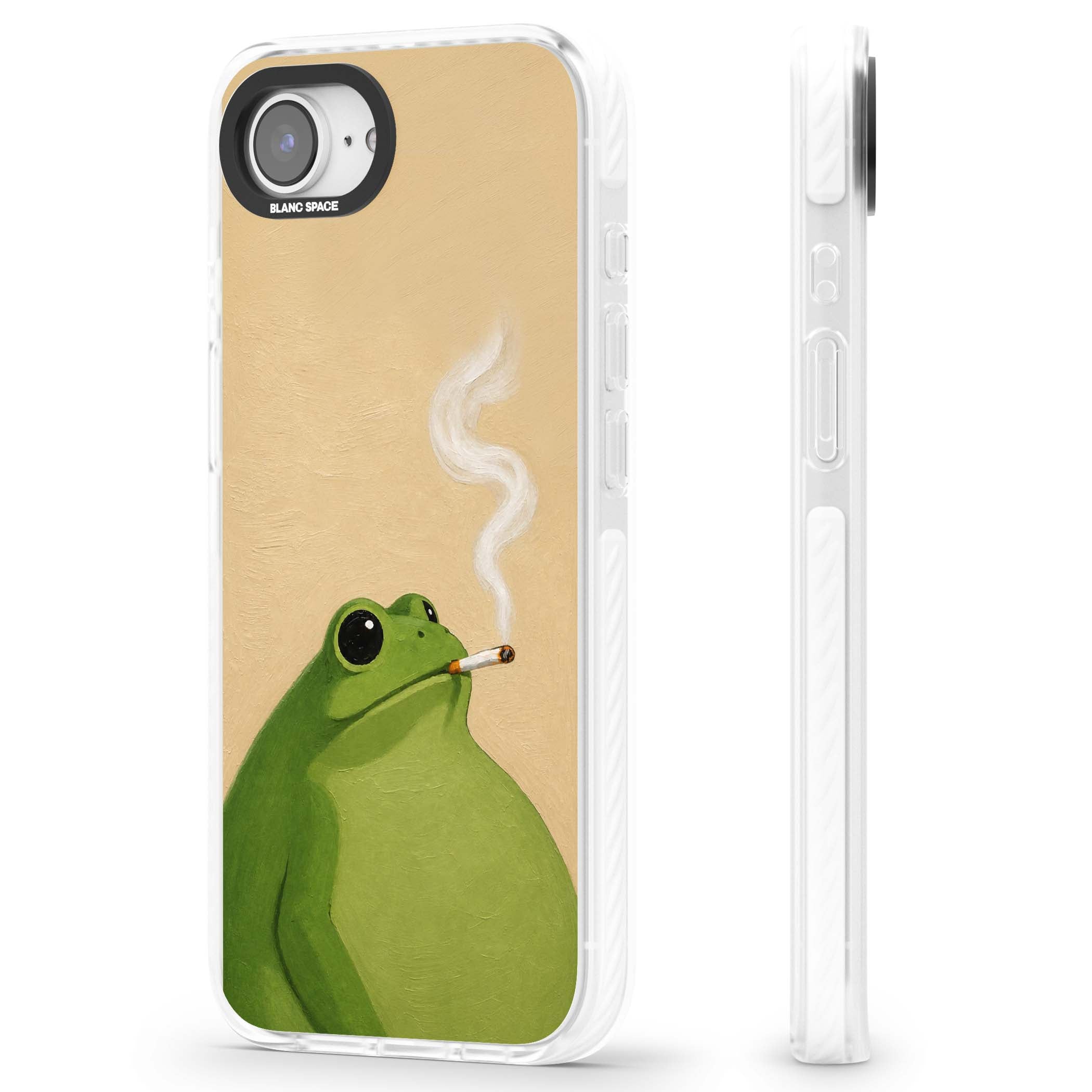 The Smoking Frog cottagecore iPhone case featuring a hand-painted green frog smoking a cigarette on a cream oil painting back | Clear Impact case for iPhone 16e, iPhone 17e