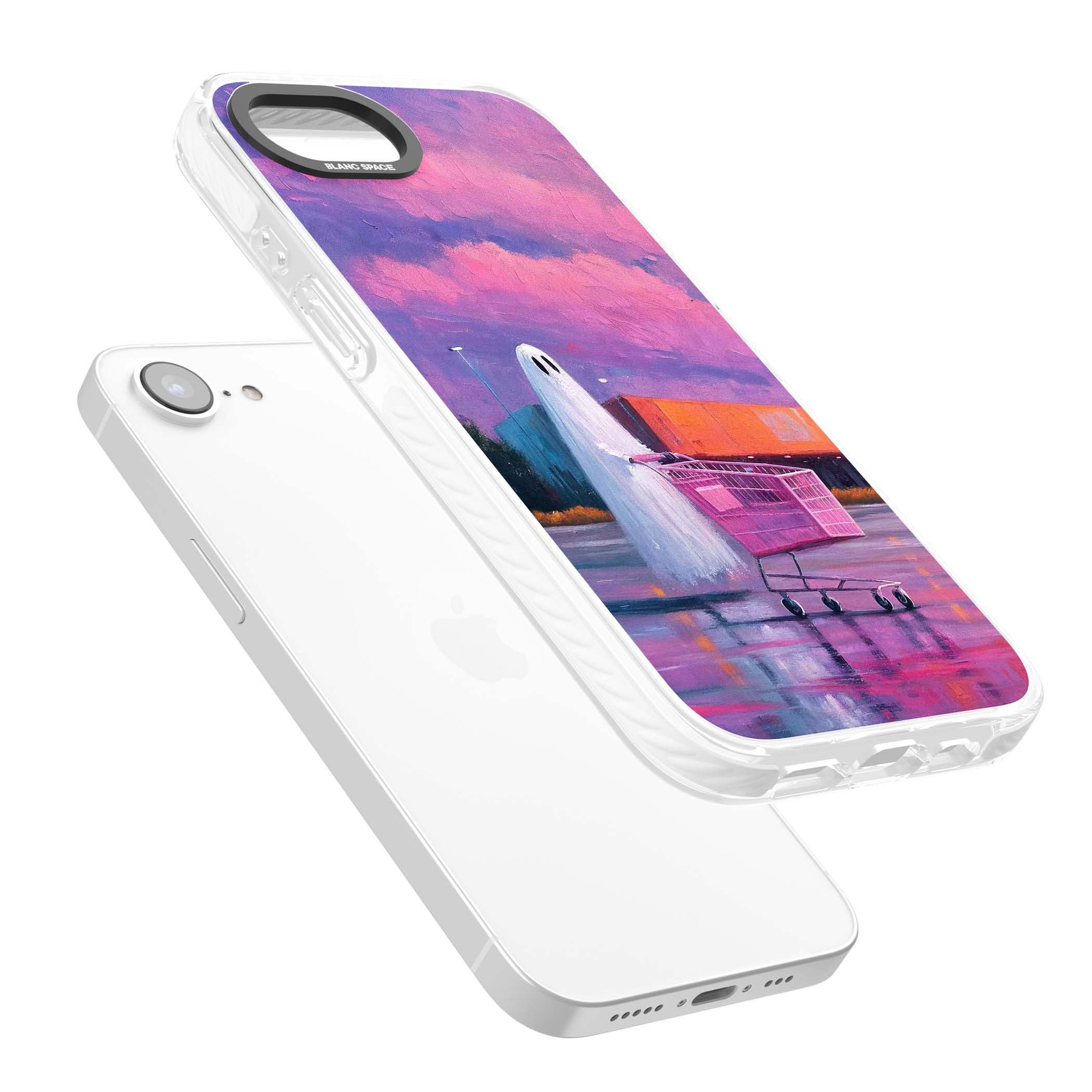 A Ghost's Errand ghost halloween iPhone case featuring a painted ghost, pink shopping trolley and purple sunset sky | Clear Impact case for iPhone 16e, iPhone 17e