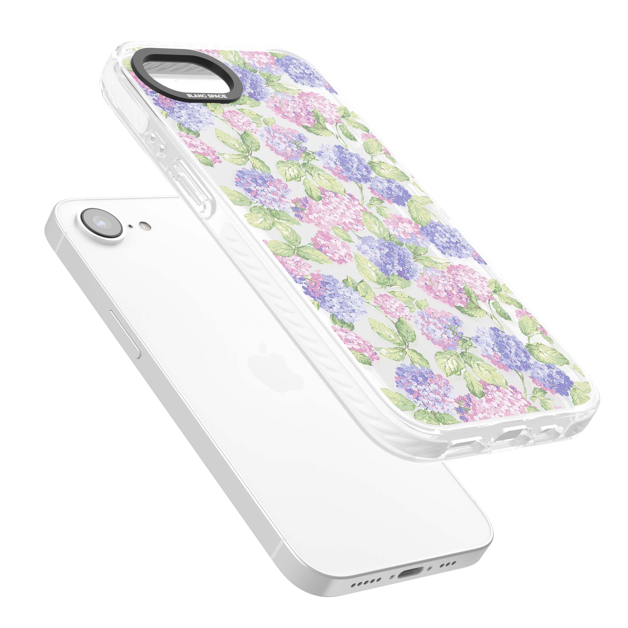 Cottage Hydrangea cottagecore iPhone case featuring pink and purple hydrangea blooms with green leaves on a clear background | Clear Impact case for iPhone 16e, iPhone 17e