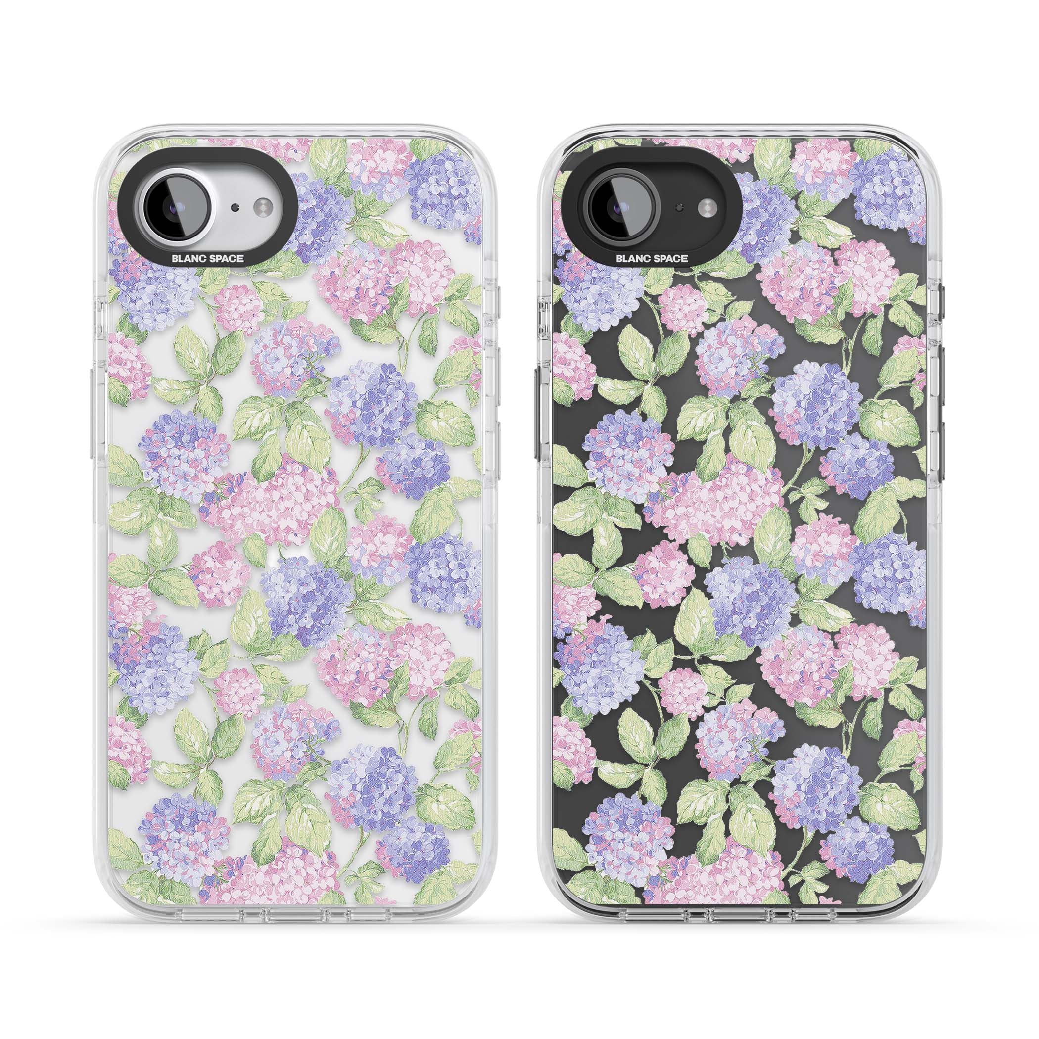 Cottage Hydrangea cottagecore iPhone case featuring pink and purple hydrangea blooms with green leaves on a clear background | Clear Impact case for iPhone 16e, iPhone 17e