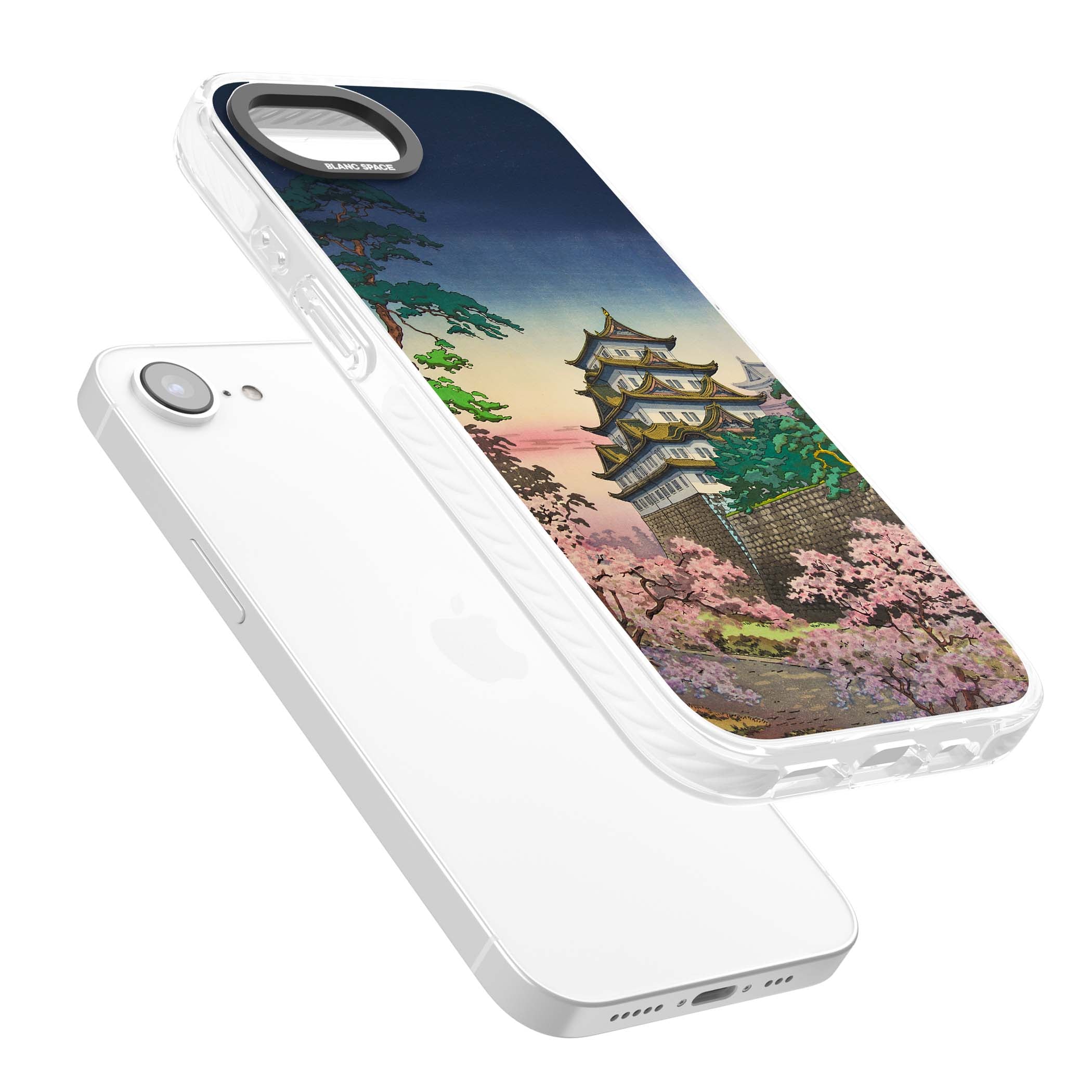 Nagoya Castle Japanese iPhone case featuring a vintage pagoda, twilight sky and cherry blossom trees | Clear Impact case for iPhone 16e, iPhone 17e