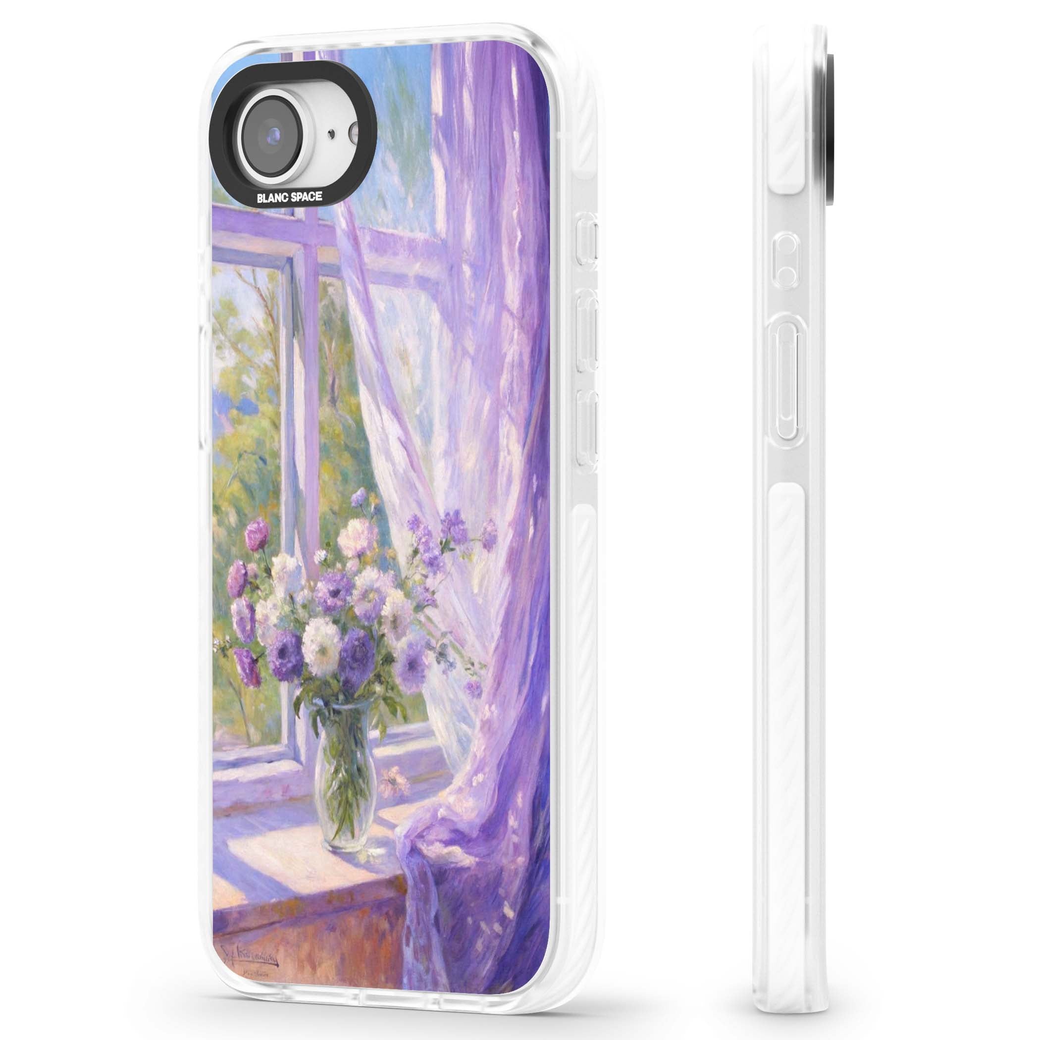 A Provence Morning impressionist art iPhone case featuring a vase of purple flowers, sunlit window and sheer curt | Clear Impact case for iPhone 16e, iPhone 17e