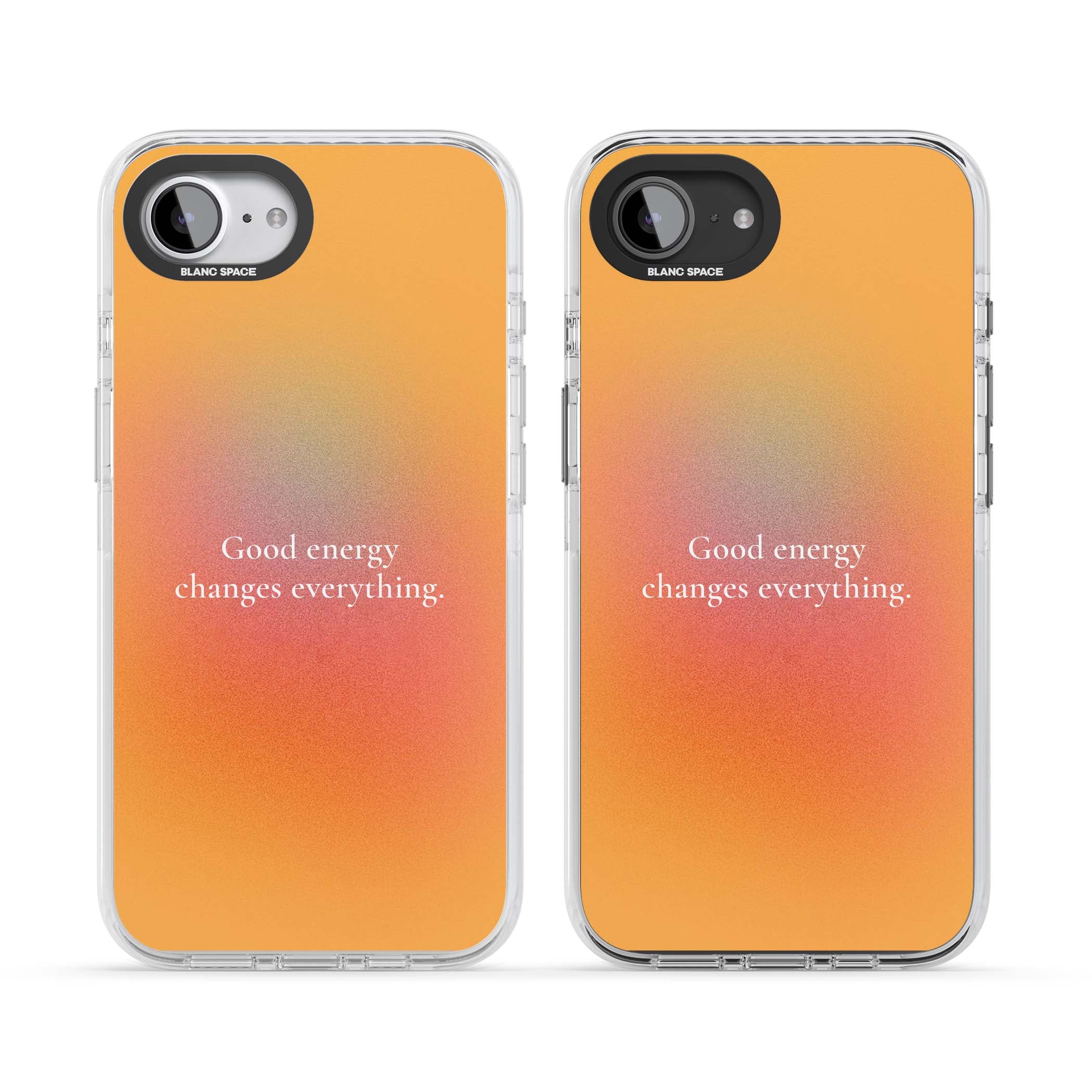 Good Energy quote iPhone case featuring an orange and pink aura gradient with white serif affirmation text | Impact Magsafe case for iPhone 16e, iPhone 17e