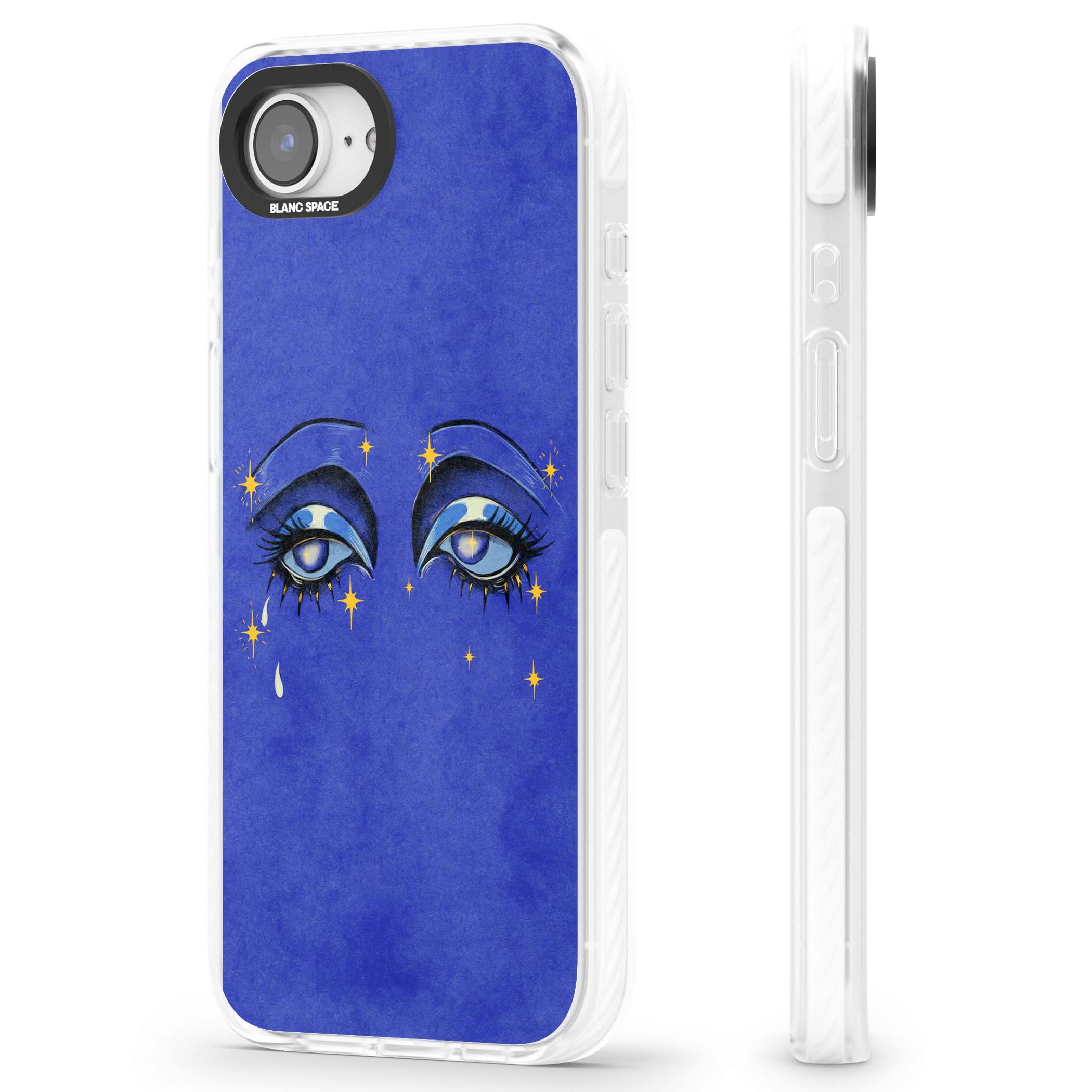 Blue Mystic Eyes celestial iPhone case featuring hand drawn blue mystical eyes, golden stars and a painted tear on indigo | Impact Magsafe case for iPhone 16e, iPhone 17e