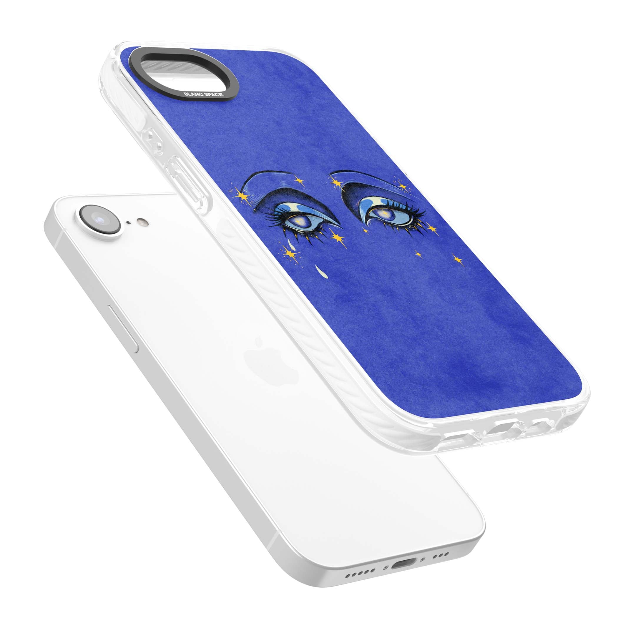 Blue Mystic Eyes celestial iPhone case featuring hand drawn blue mystical eyes, golden stars and a painted tear on indigo | Impact Magsafe case for iPhone 16e, iPhone 17e