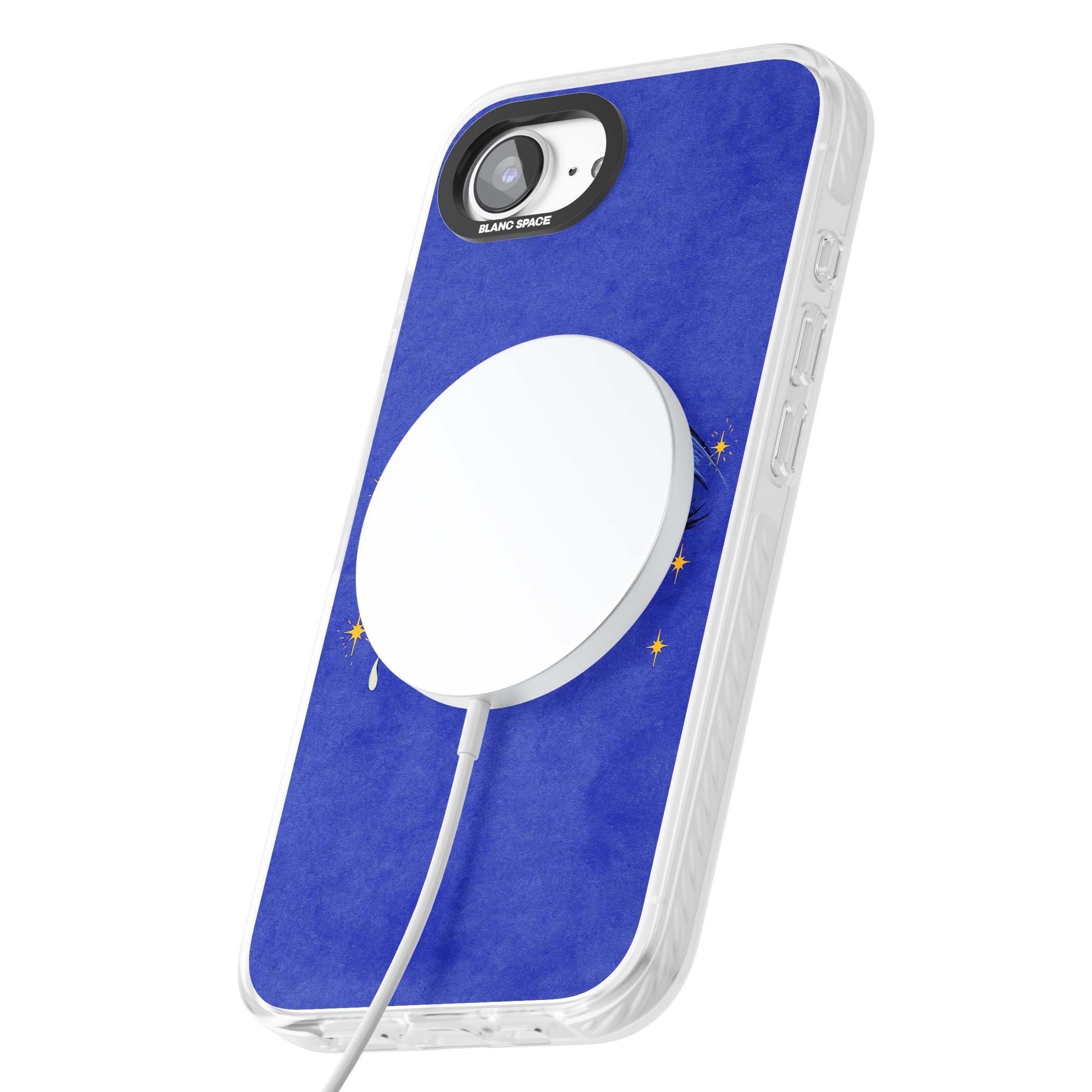 Blue Mystic Eyes celestial iPhone case featuring hand drawn blue mystical eyes, golden stars and a painted tear on indigo | Impact Magsafe case for iPhone 16e, iPhone 17e