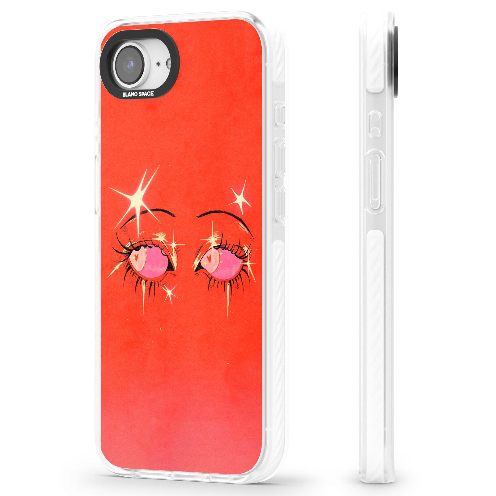Pink Ethereal Eyes anime iPhone case featuring hand-drawn sparkly eyes with pink hearts and gold stars on red | Impact Magsafe case for iPhone 16e, iPhone 17e