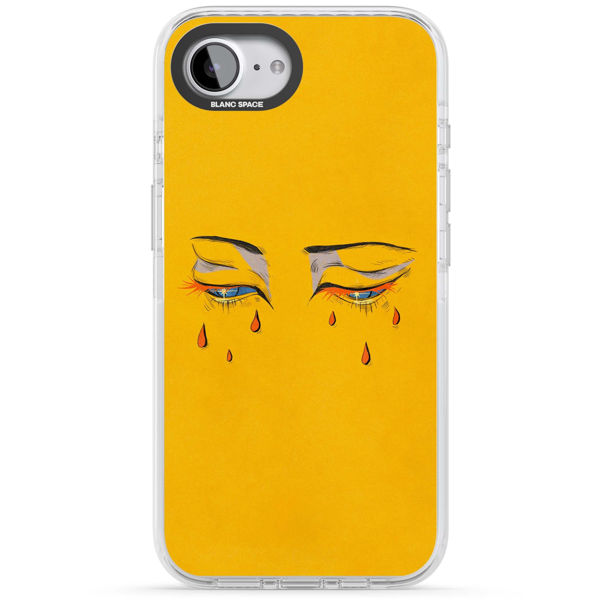 Yellow Tearful Eyes indie iPhone case featuring hand-drawn crying eyes with orange tears on a yellow background | Impact Magsafe case for iPhone 16e, iPhone 17e