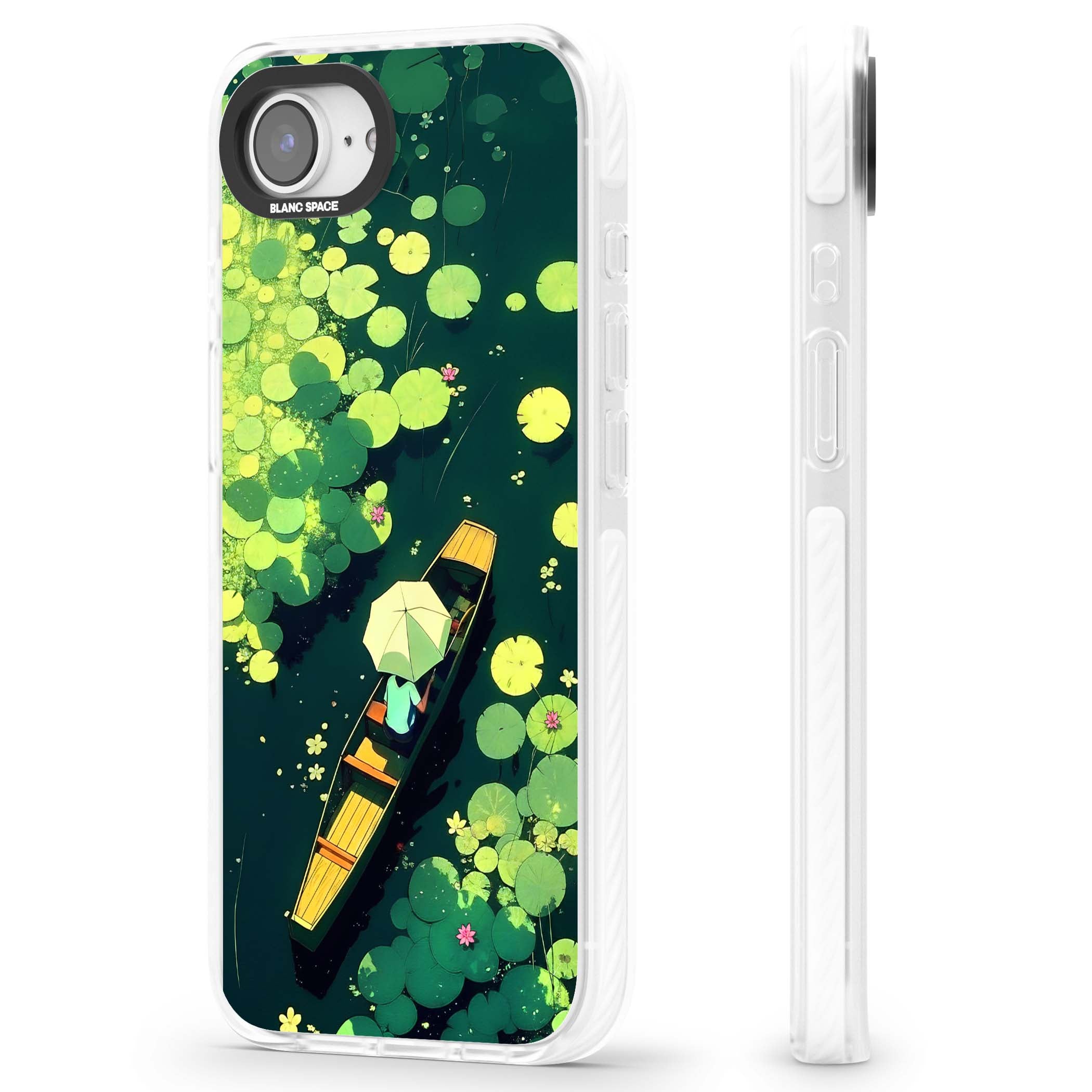 Jade Waters cottagecore iPhone case featuring a painted lily pond, wooden boat with parasol and floating water lilies | Impact Magsafe case for iPhone 16e, iPhone 17e