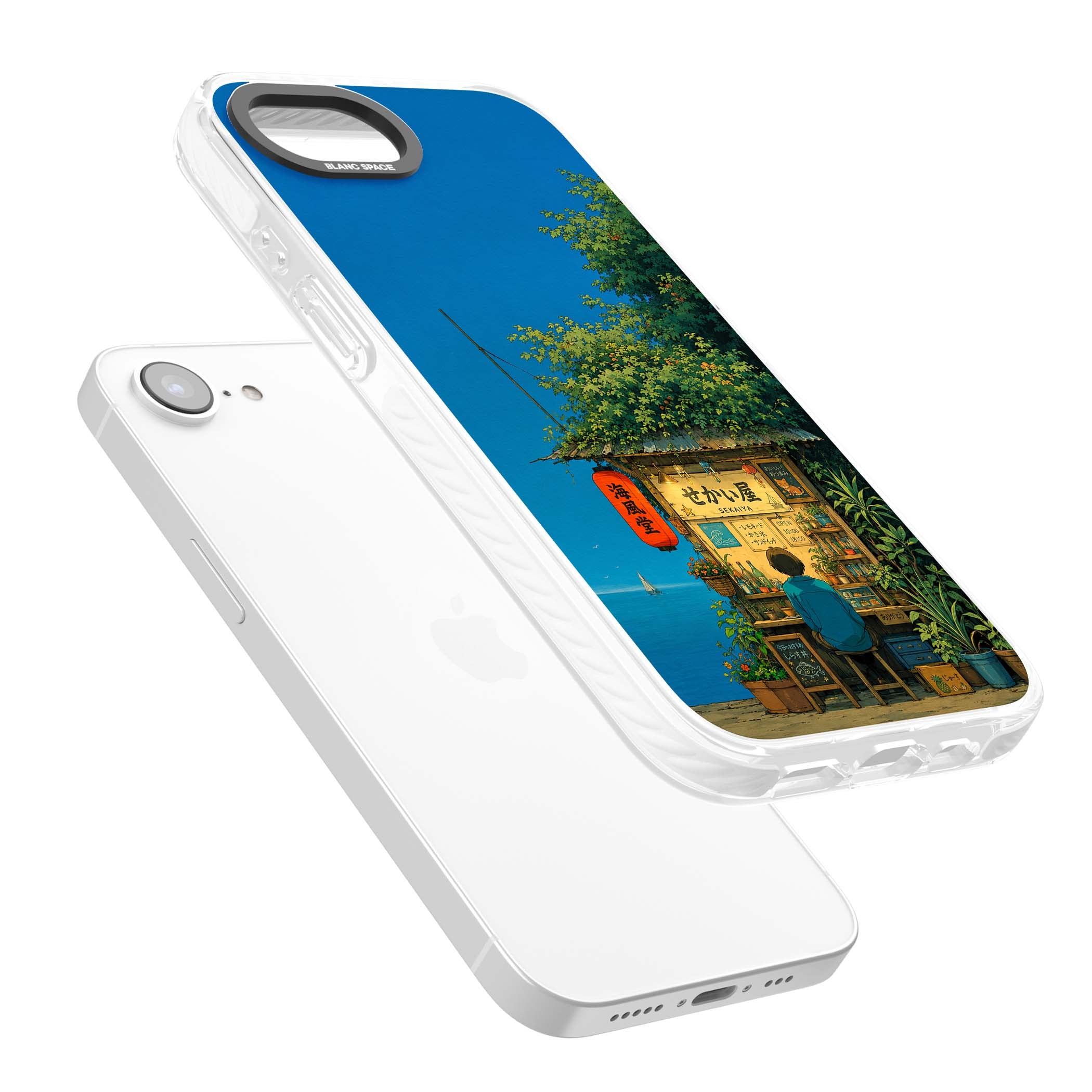 The Shirahama Kiosk anime iPhone case featuring a Japanese seaside shop, red paper lantern and ocean view | Impact Magsafe case for iPhone 16e, iPhone 17e