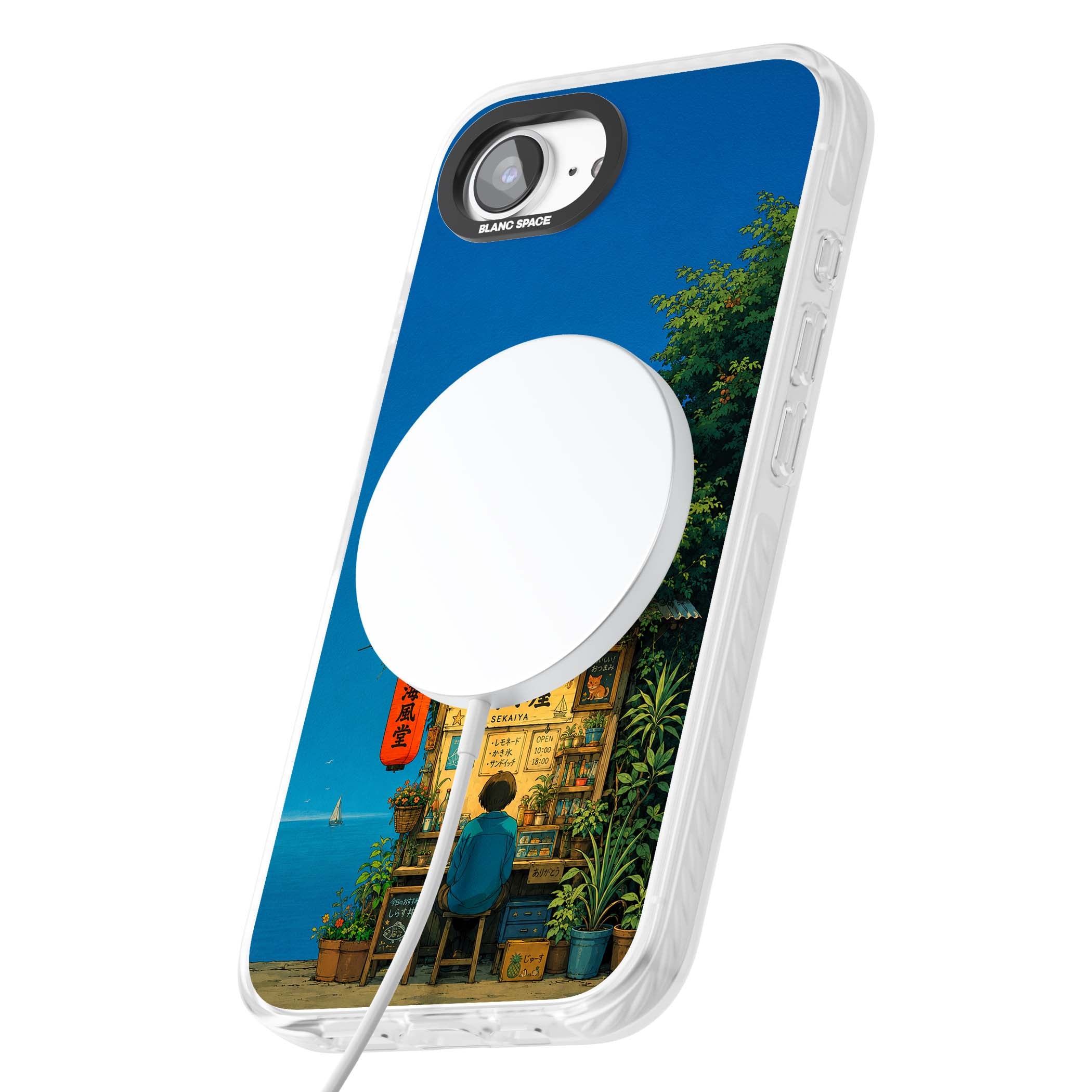 The Shirahama Kiosk anime iPhone case featuring a Japanese seaside shop, red paper lantern and ocean view | Impact Magsafe case for iPhone 16e, iPhone 17e