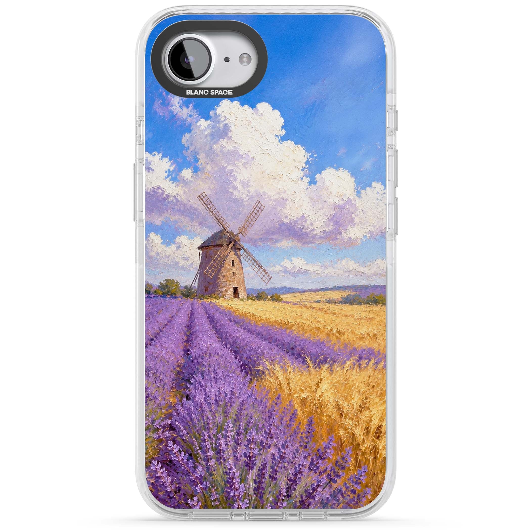 Lavender Mill cottagecore iPhone case featuring a French windmill, lavender field and golden wheat oil painting | Impact Magsafe case for iPhone 16e, iPhone 17e