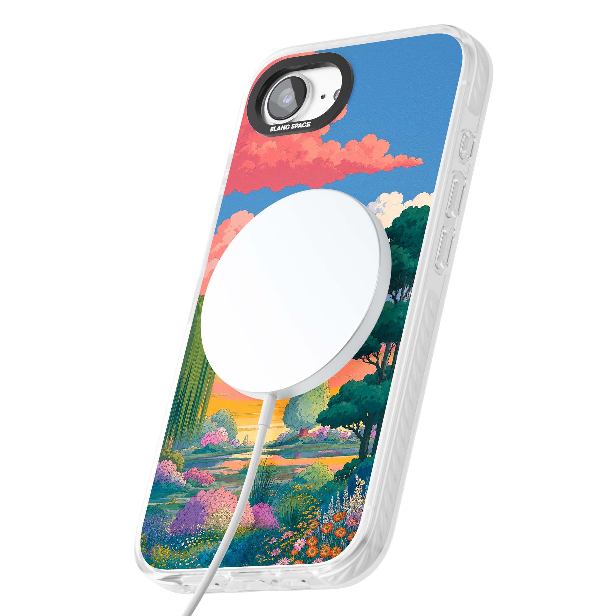 Dream Valley anime landscape iPhone case featuring pink sunset clouds, willow trees and wildflowers | Impact Magsafe case for iPhone 16e, iPhone 17e