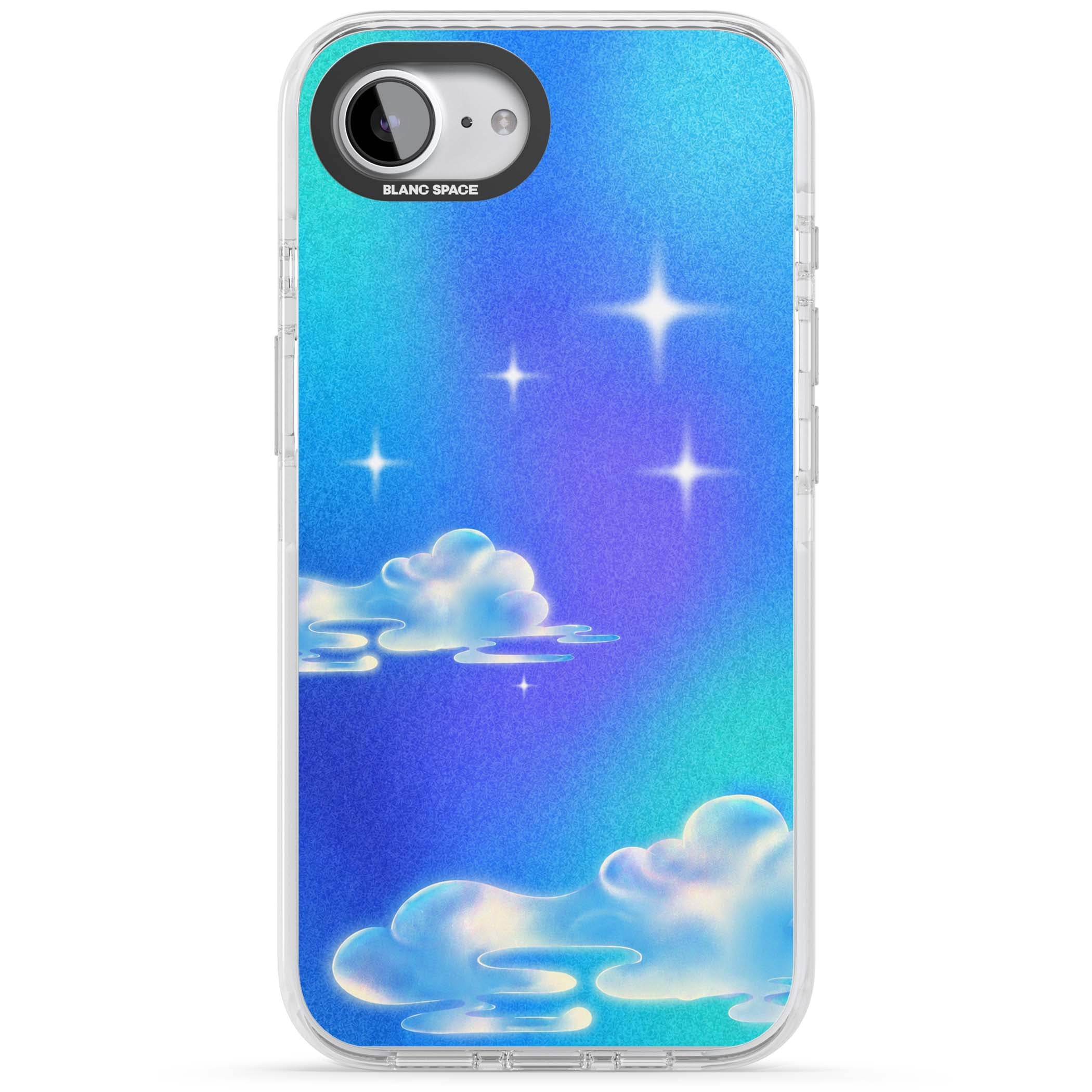 Aurora celestial iPhone case featuring dreamy iridescent clouds, sparkling stars and pastel blue purple sky | Impact Magsafe case for iPhone 16e, iPhone 17e