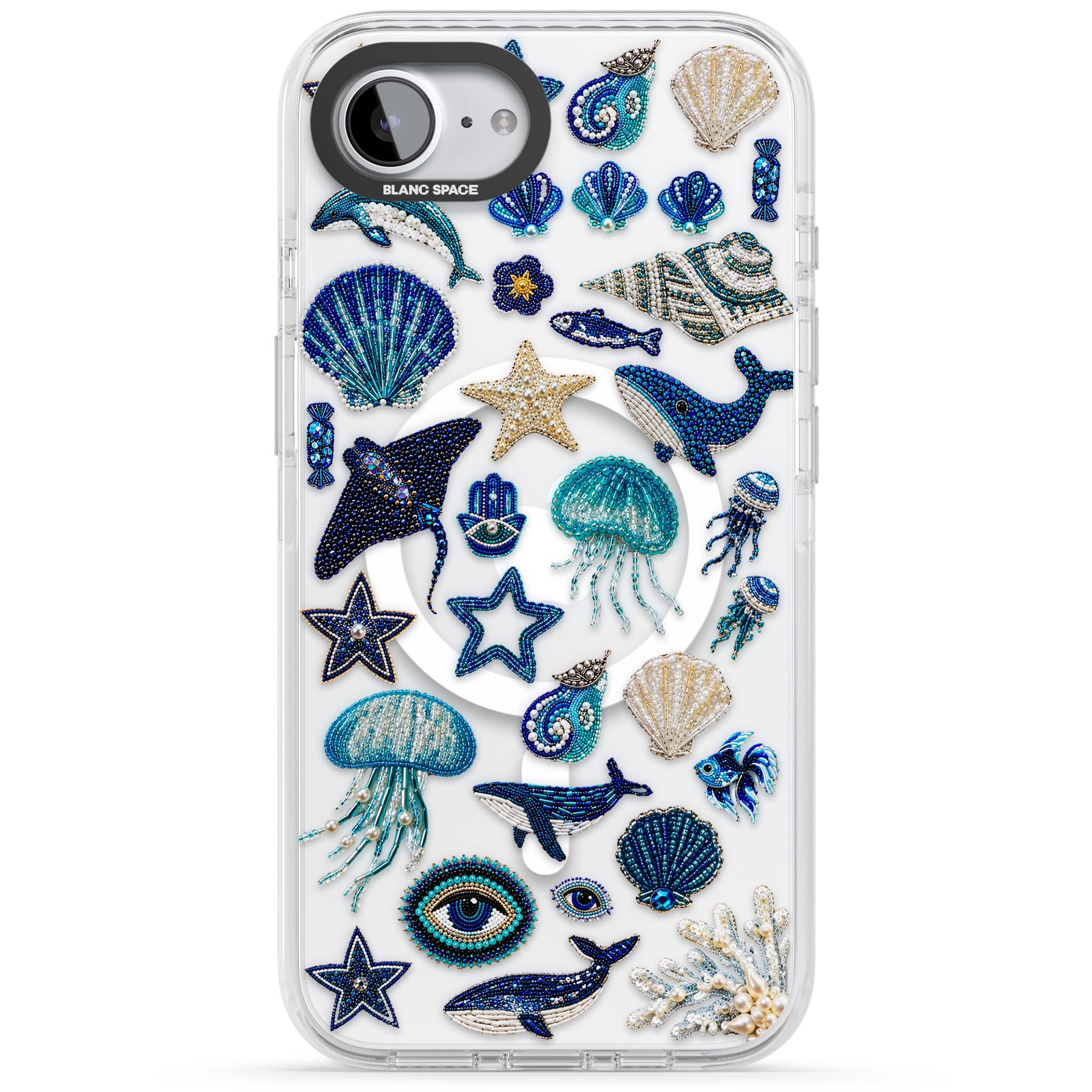 Beaded Coastal coastal iPhone case featuring embroidered seashells, jellyfish and a blue whale on clear | Impact Magsafe case for iPhone 16e, iPhone 17e