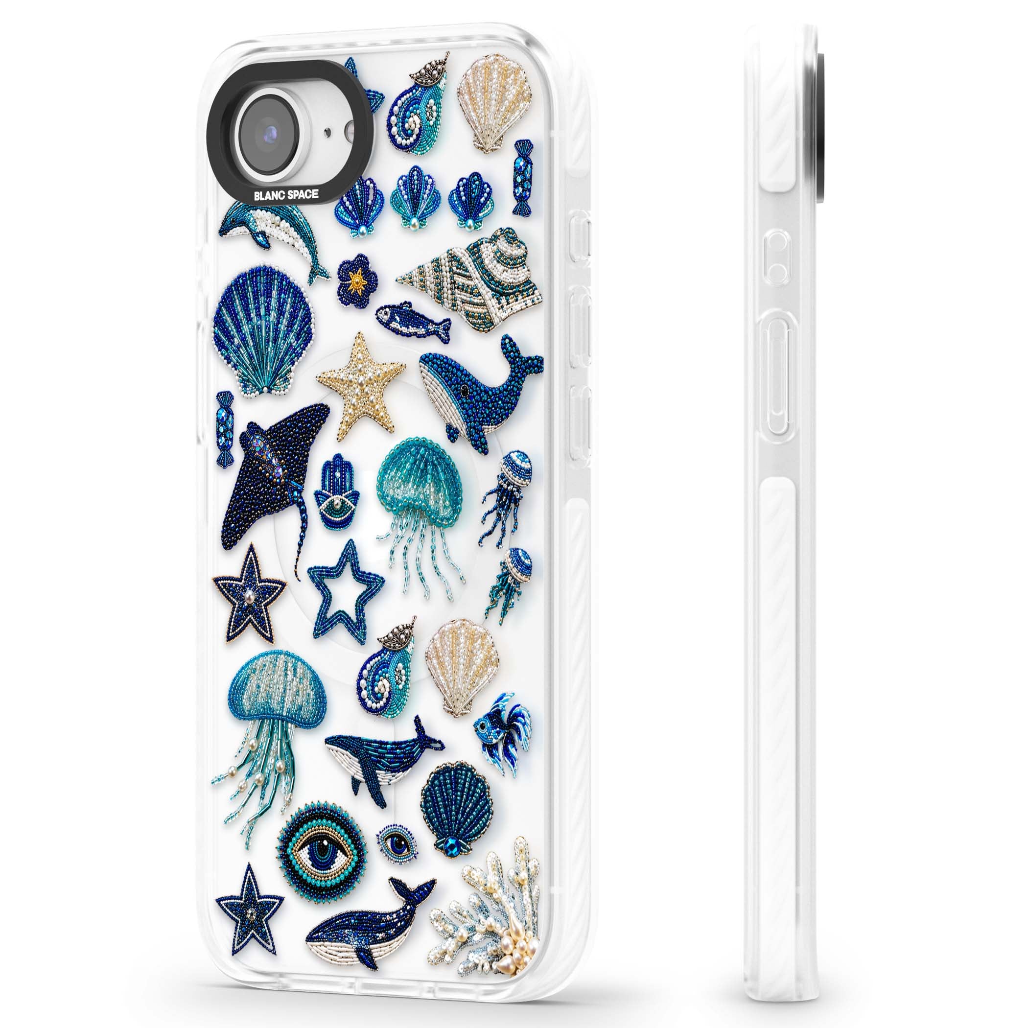 Beaded Coastal coastal iPhone case featuring embroidered seashells, jellyfish and a blue whale on clear | Impact Magsafe case for iPhone 16e, iPhone 17e