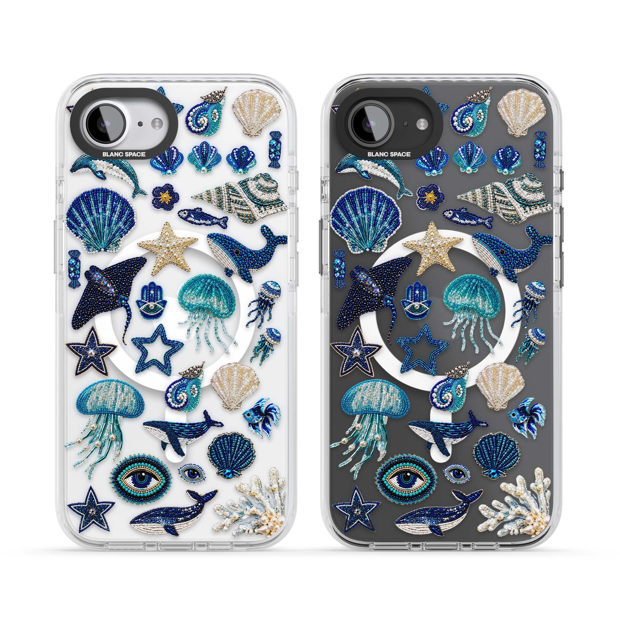 Beaded Coastal coastal iPhone case featuring embroidered seashells, jellyfish and a blue whale on clear | Impact Magsafe case for iPhone 16e, iPhone 17e