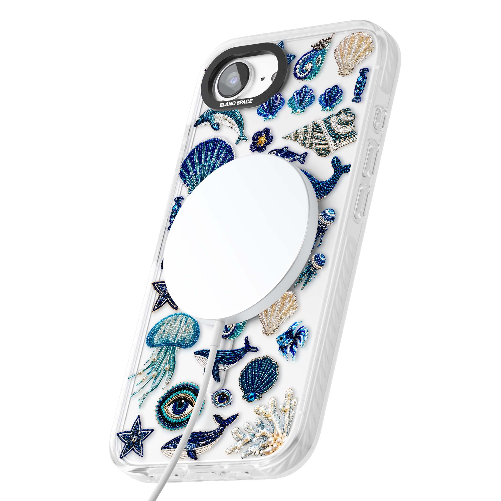 Beaded Coastal coastal iPhone case featuring embroidered seashells, jellyfish and a blue whale on clear | Impact Magsafe case for iPhone 16e, iPhone 17e