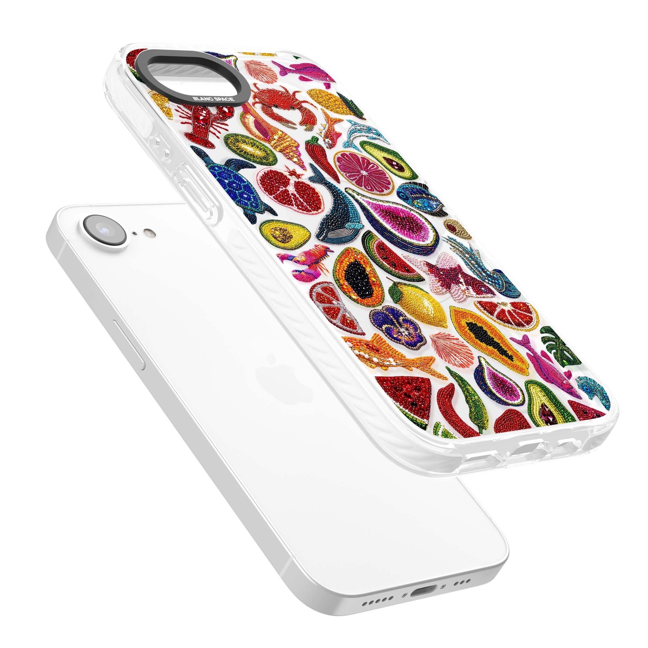 Beaded Tropic tropical iPhone case featuring beaded fruit, fish, crabs and seashells in vibrant colour | Impact Magsafe case for iPhone 16e, iPhone 17e