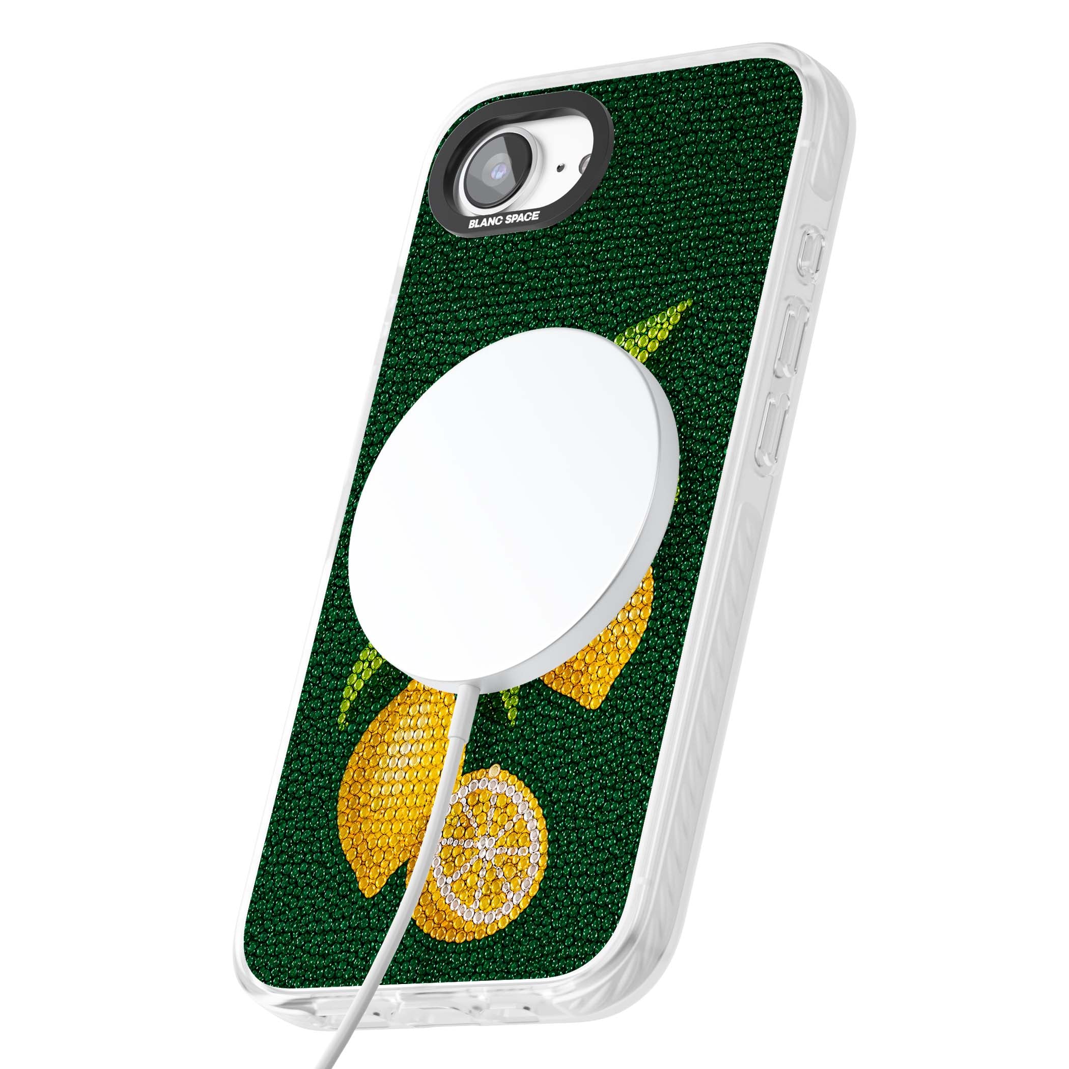 Beaded Lemons coastal iPhone case featuring crystal-beaded lemons, citrus blossom and green leaves on emerald ground | Impact Magsafe case for iPhone 16e, iPhone 17e