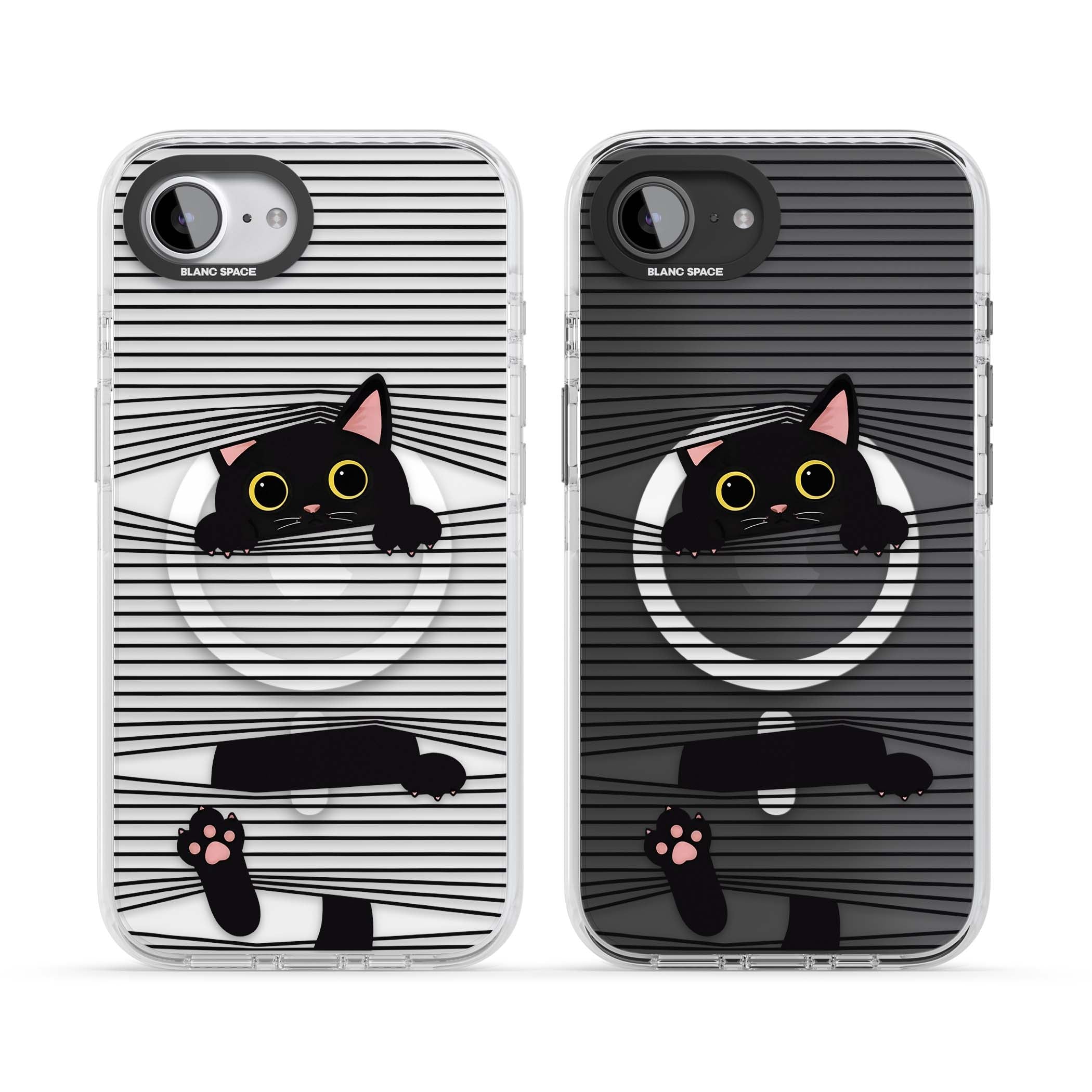 Peek-a-Boo Cat minimal iPhone case featuring black cat peeking through horizontal black and white stripes | Impact Magsafe case for iPhone 16e, iPhone 17e