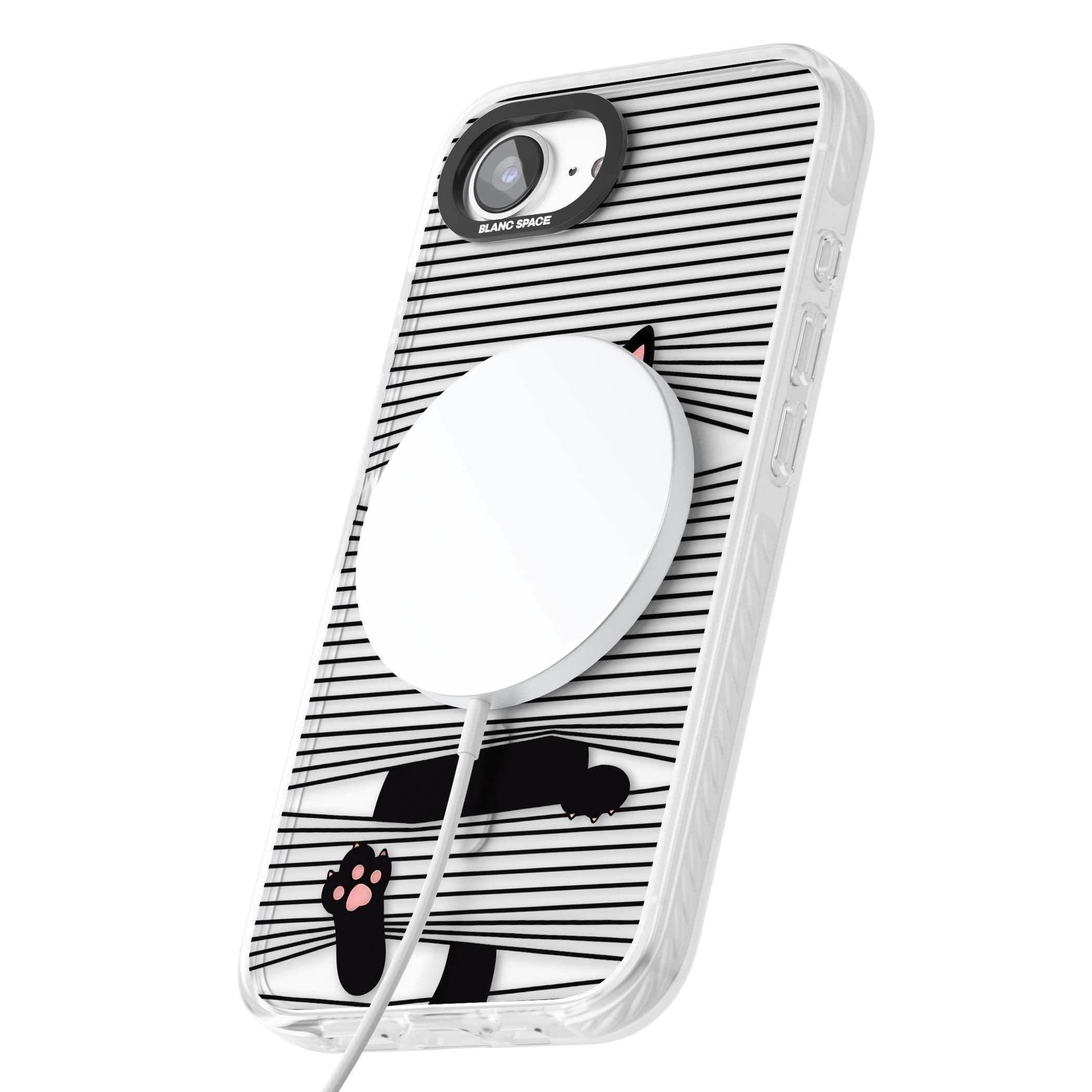 Peek-a-Boo Cat minimal iPhone case featuring black cat peeking through horizontal black and white stripes | Impact Magsafe case for iPhone 16e, iPhone 17e