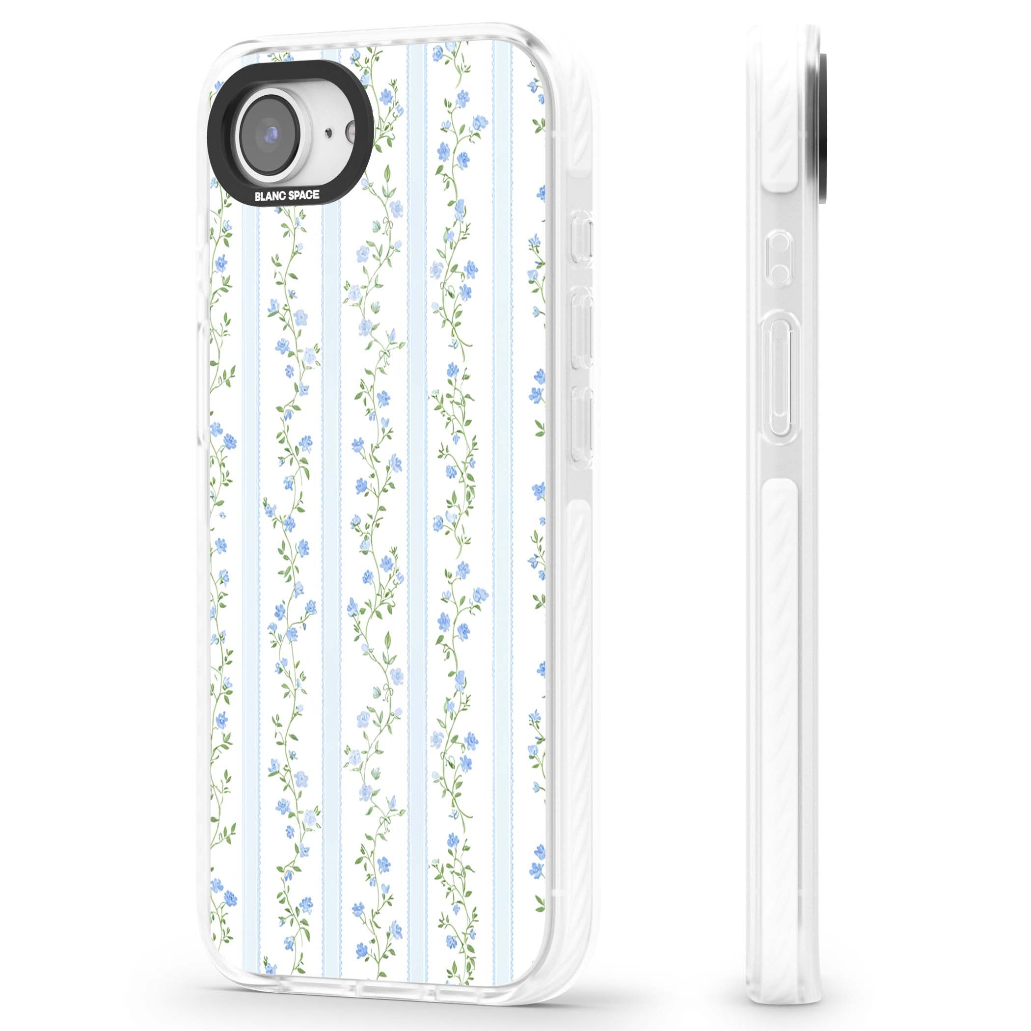 Bluebell Vine cottagecore iPhone case featuring climbing blue roses, trailing green vines, and pale ticking stripes | Impact Magsafe case for iPhone 16e, iPhone 17e