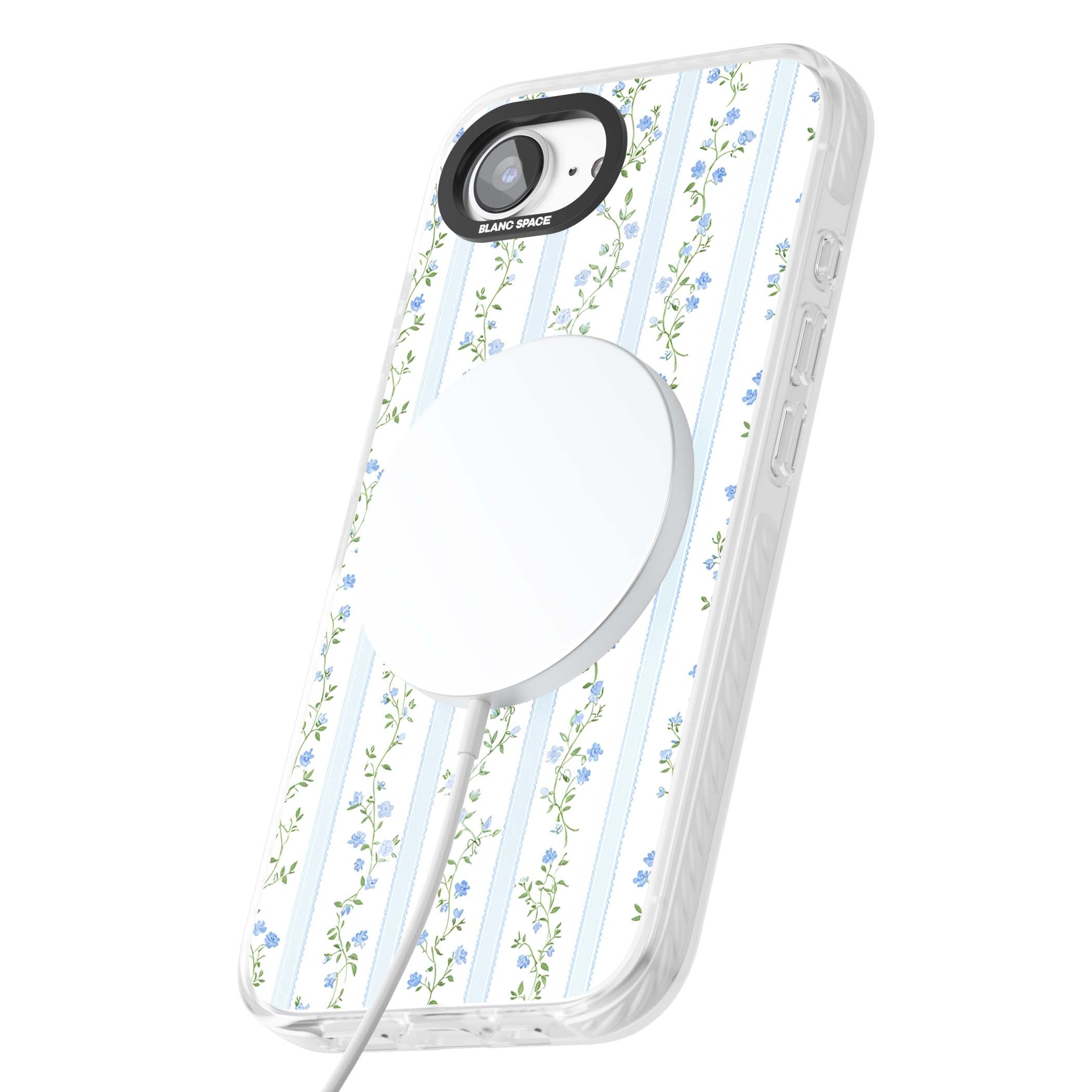 Bluebell Vine cottagecore iPhone case featuring climbing blue roses, trailing green vines, and pale ticking stripes | Impact Magsafe case for iPhone 16e, iPhone 17e