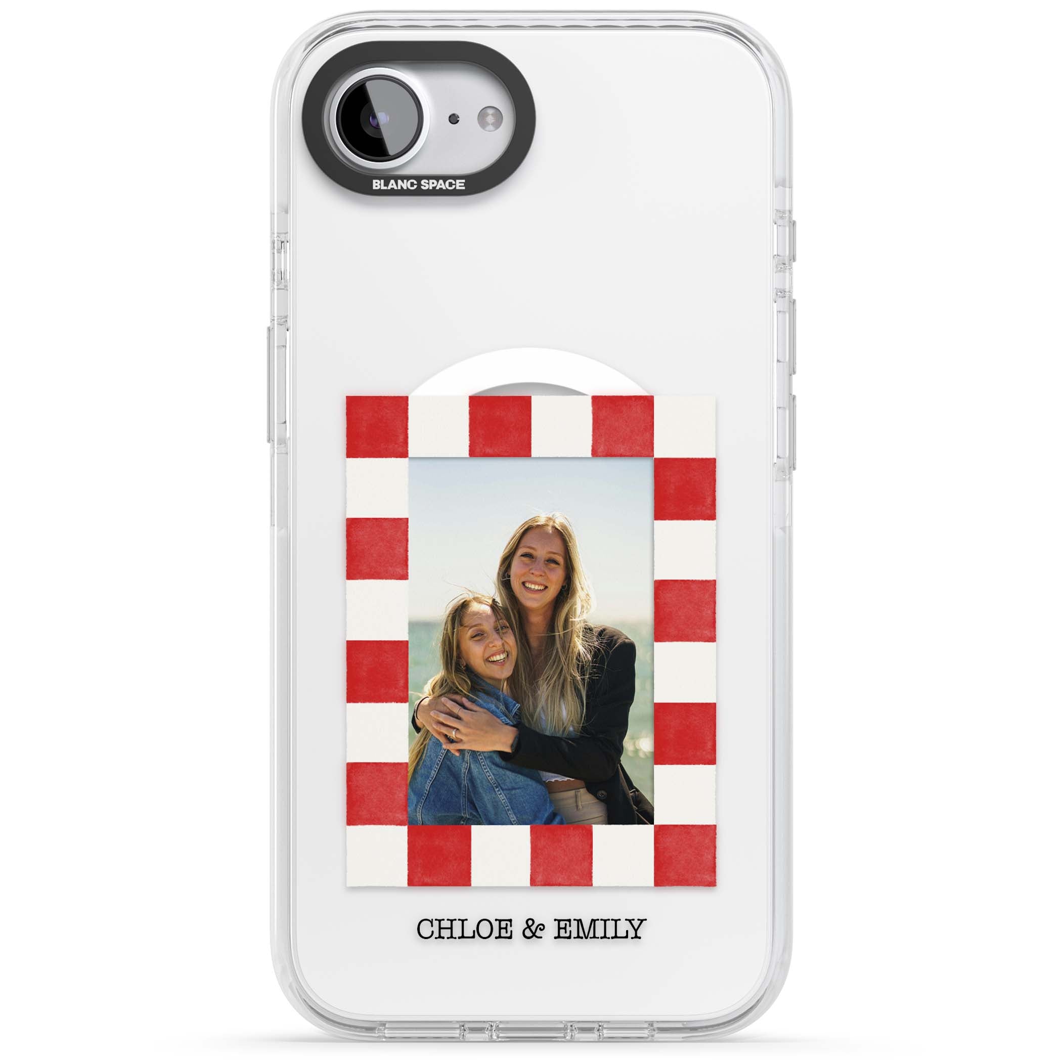 Red Check Photo personalised photo iPhone case with red and white checkered polaroid frame and custom couple name | Impact Magsafe case for iPhone 16e, iPhone 17e