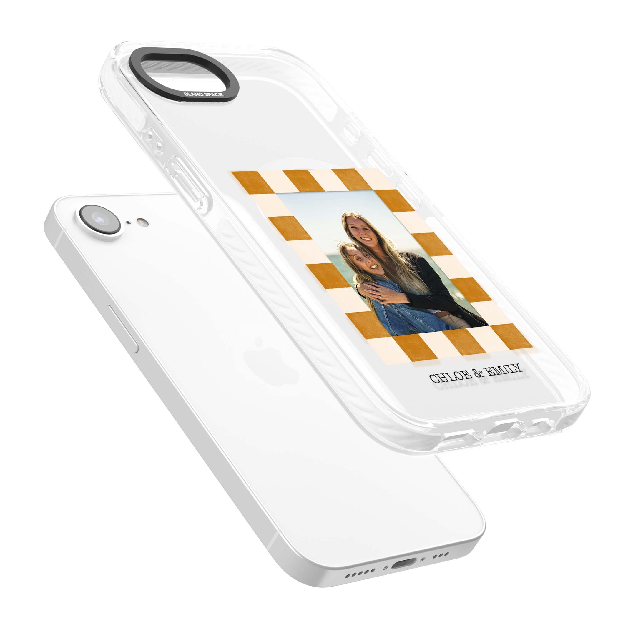 Citrus Check Photo personalised iPhone case with custom photo, orange checkered frame and names underneath | Impact Magsafe case for iPhone 16e, iPhone 17e