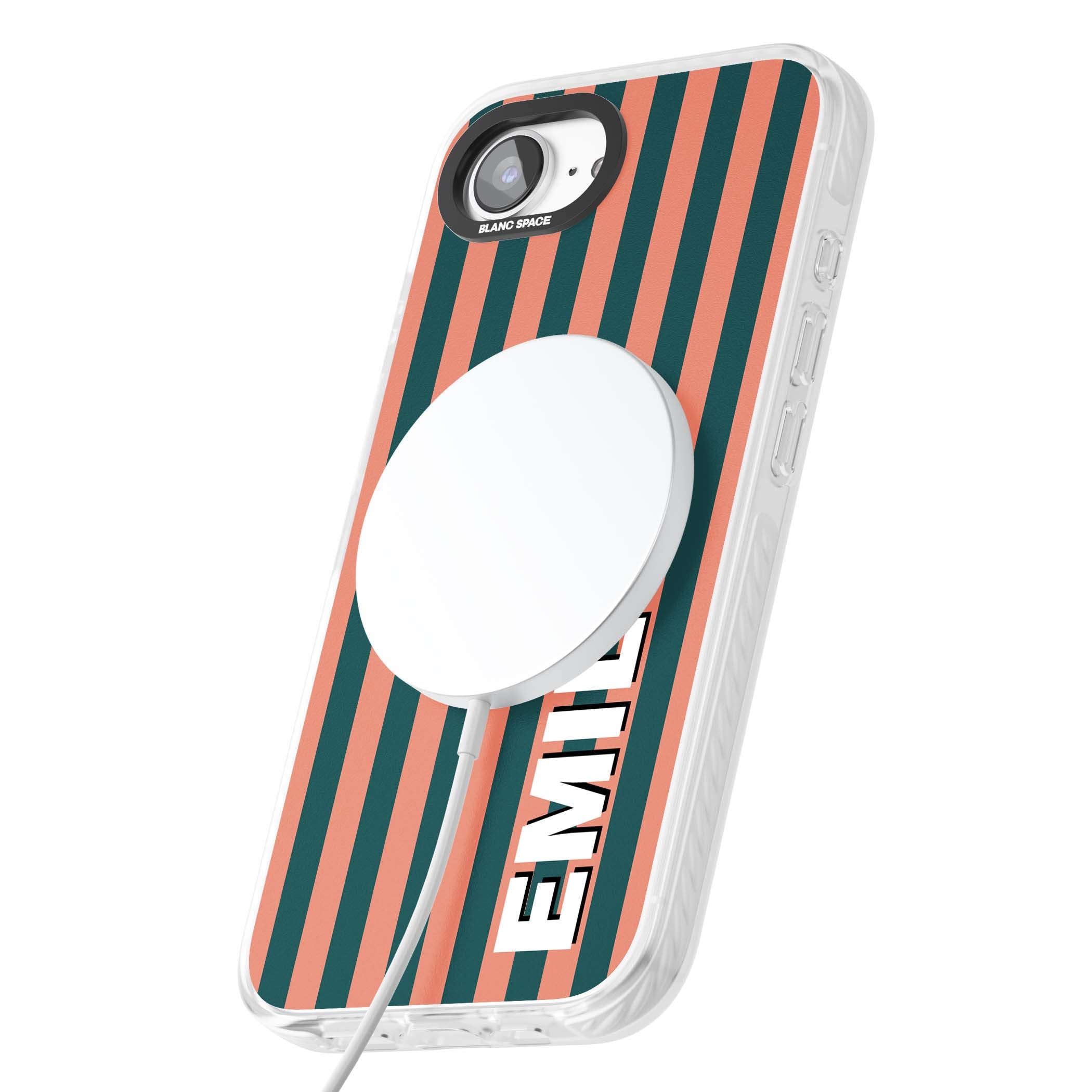 Tuscan Stripe personalised iPhone case featuring coral and green vertical stripes with bold custom name | Impact Magsafe case for iPhone 16e, iPhone 17e